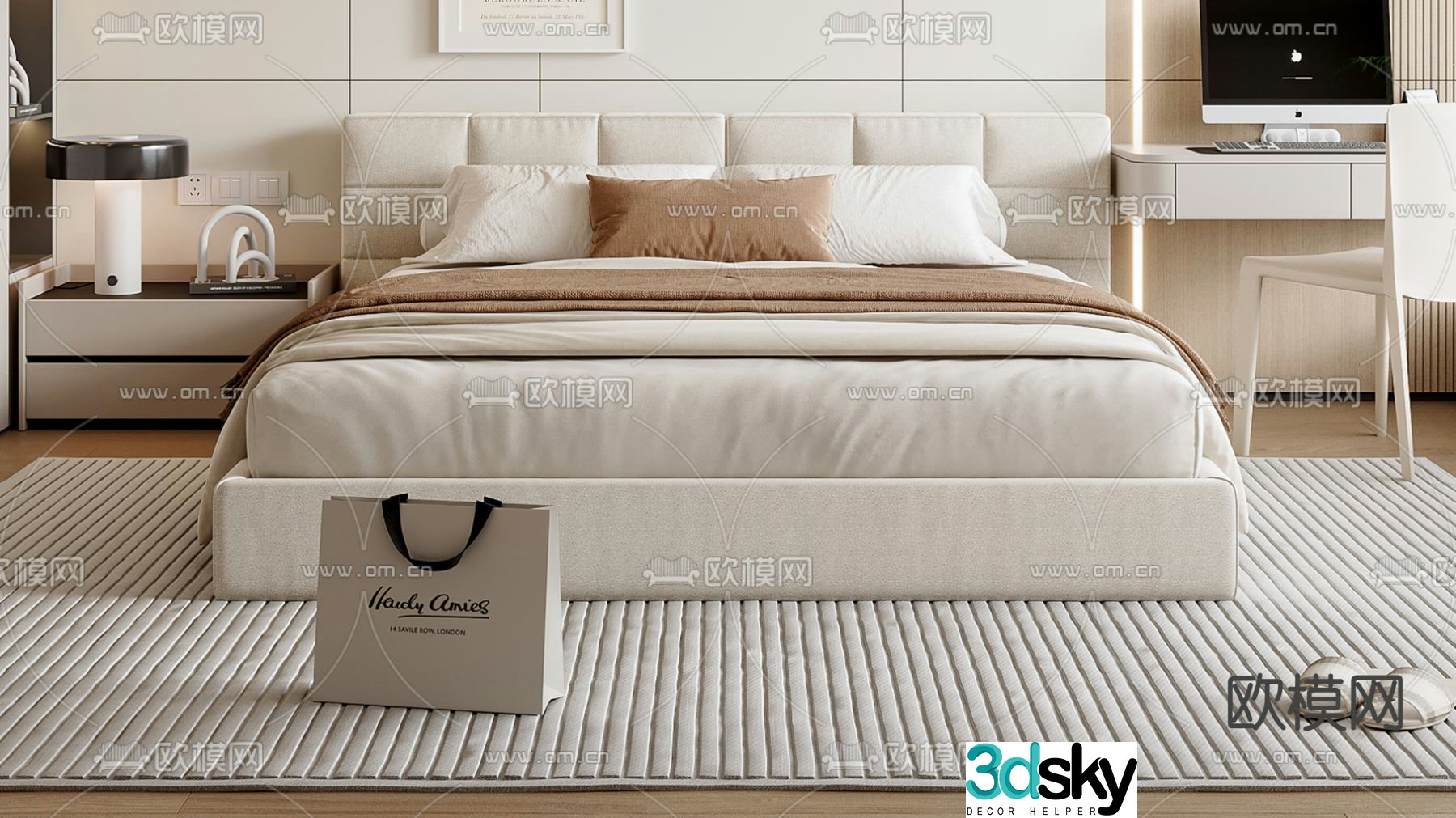Cream style double bed 3d model
