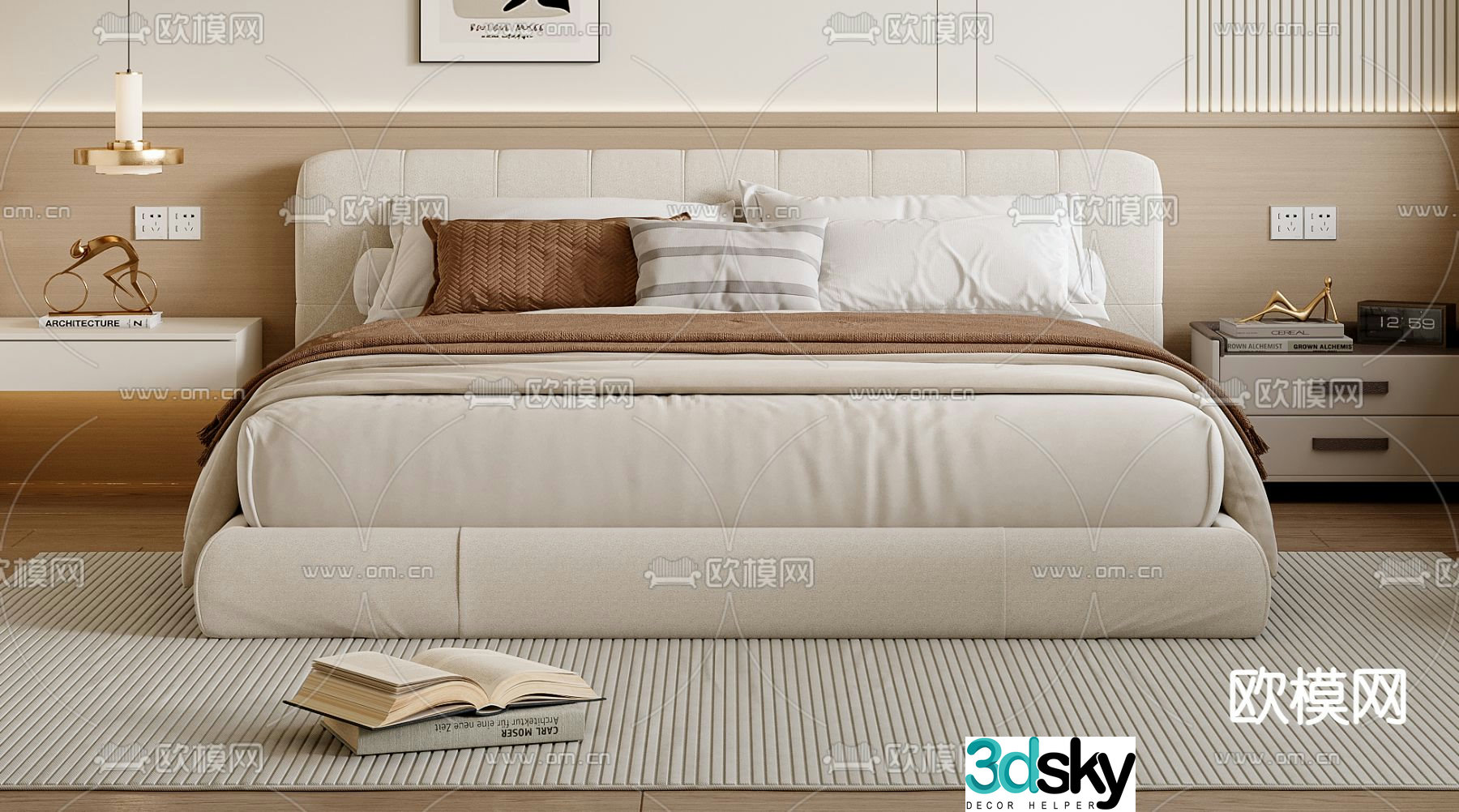Cream style double bed 3d model