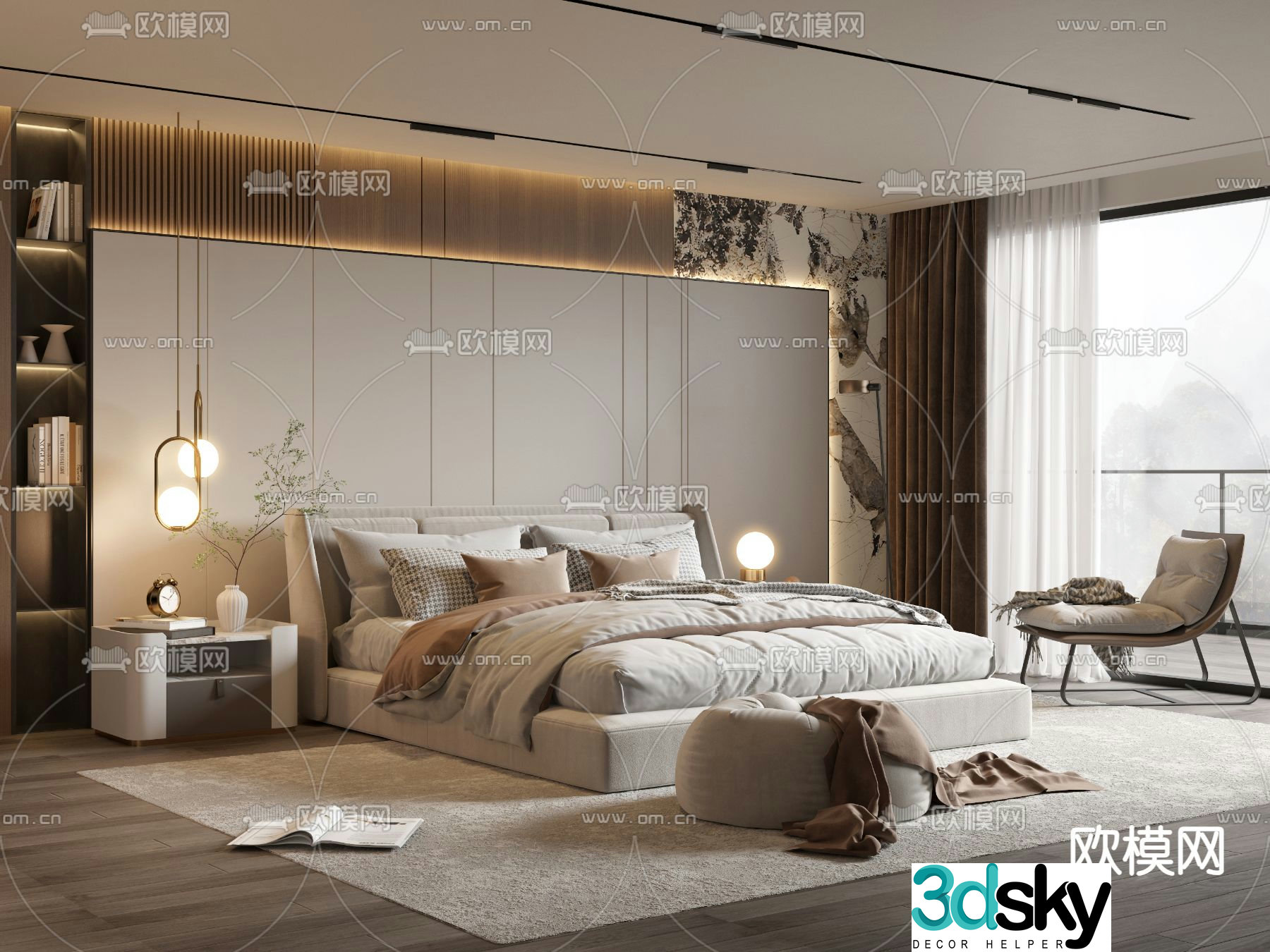 Modern double bed bedroom 3d model
