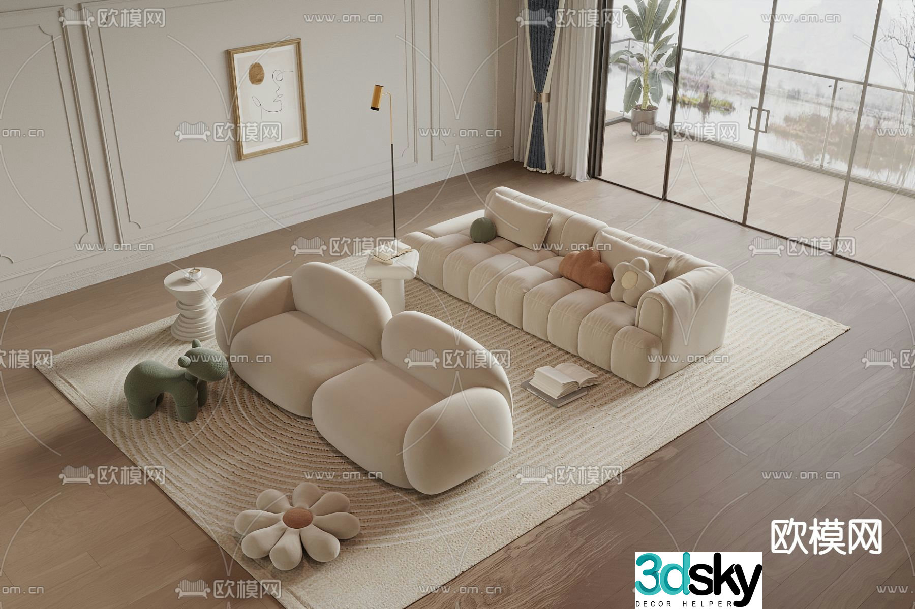 Cream style sofa double sofa 3d model