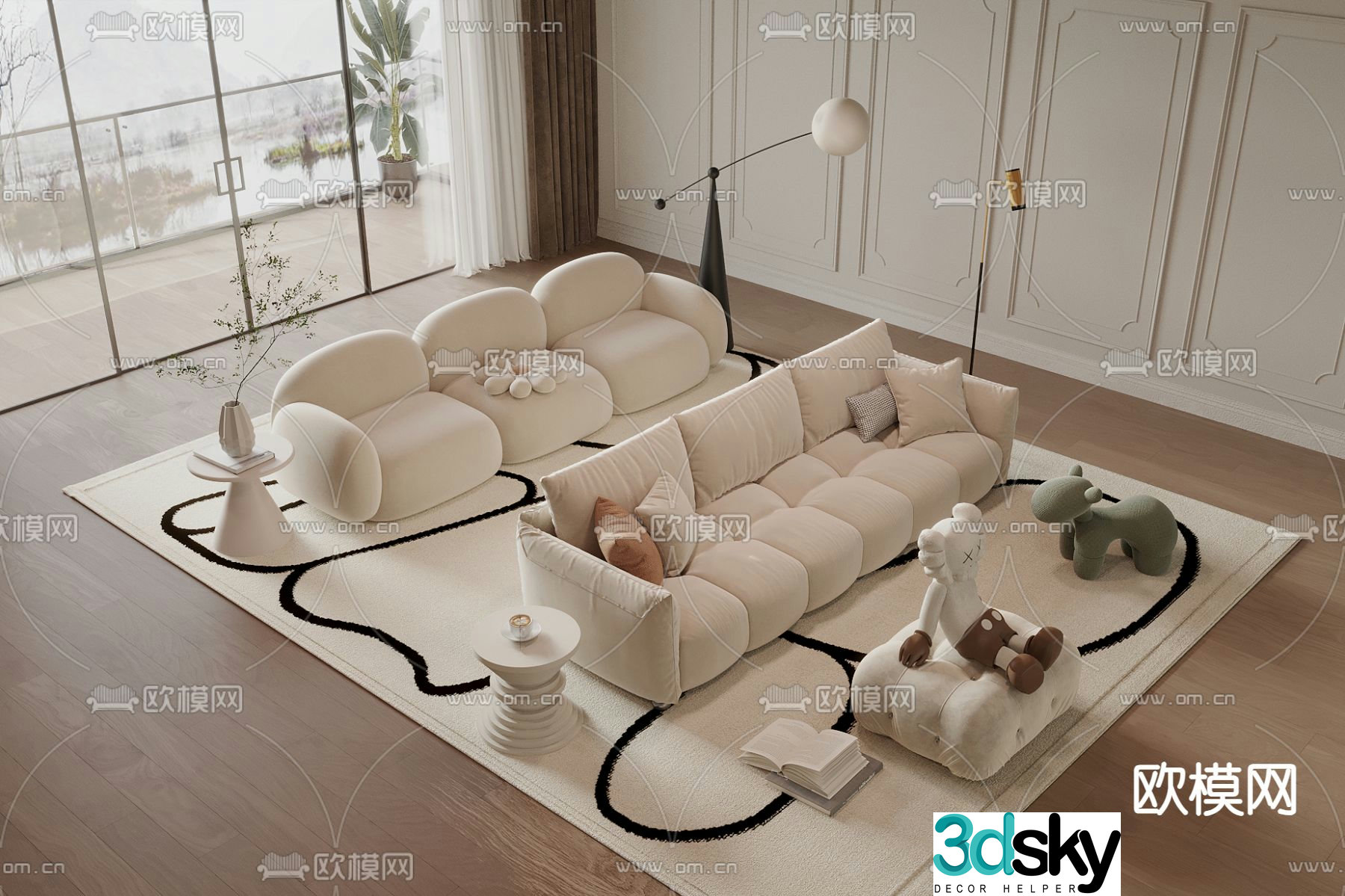 Cream style sofa multi-person sofa three-person sofa 3D model