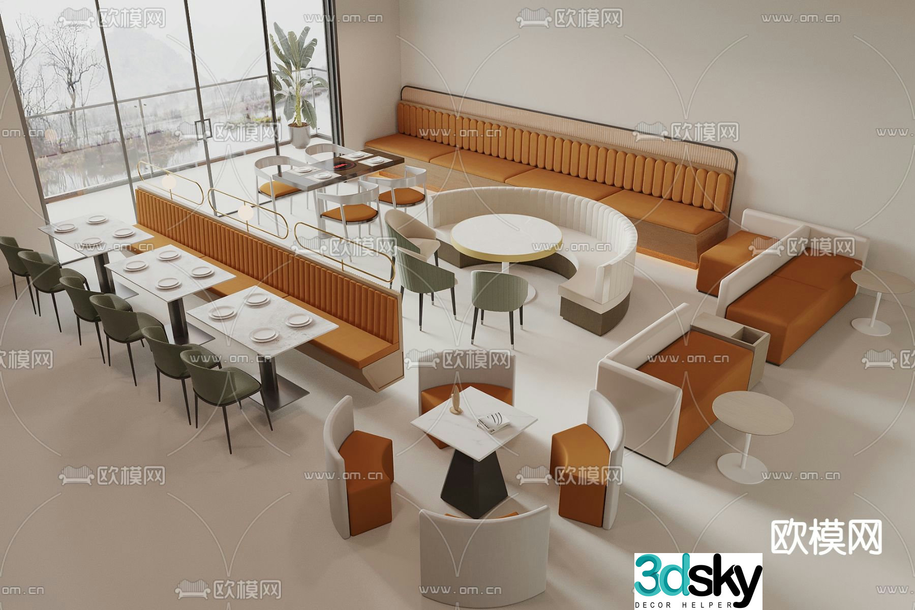 Card seat dining table and chairs restaurant card seat curved card seat 3D model