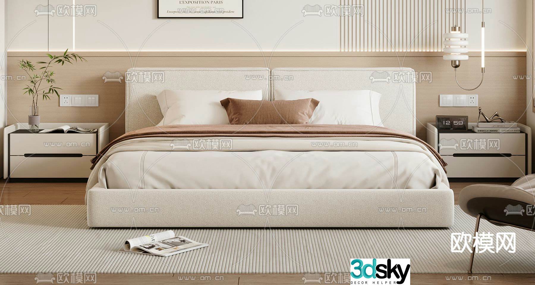 Cream style double bed 3d model