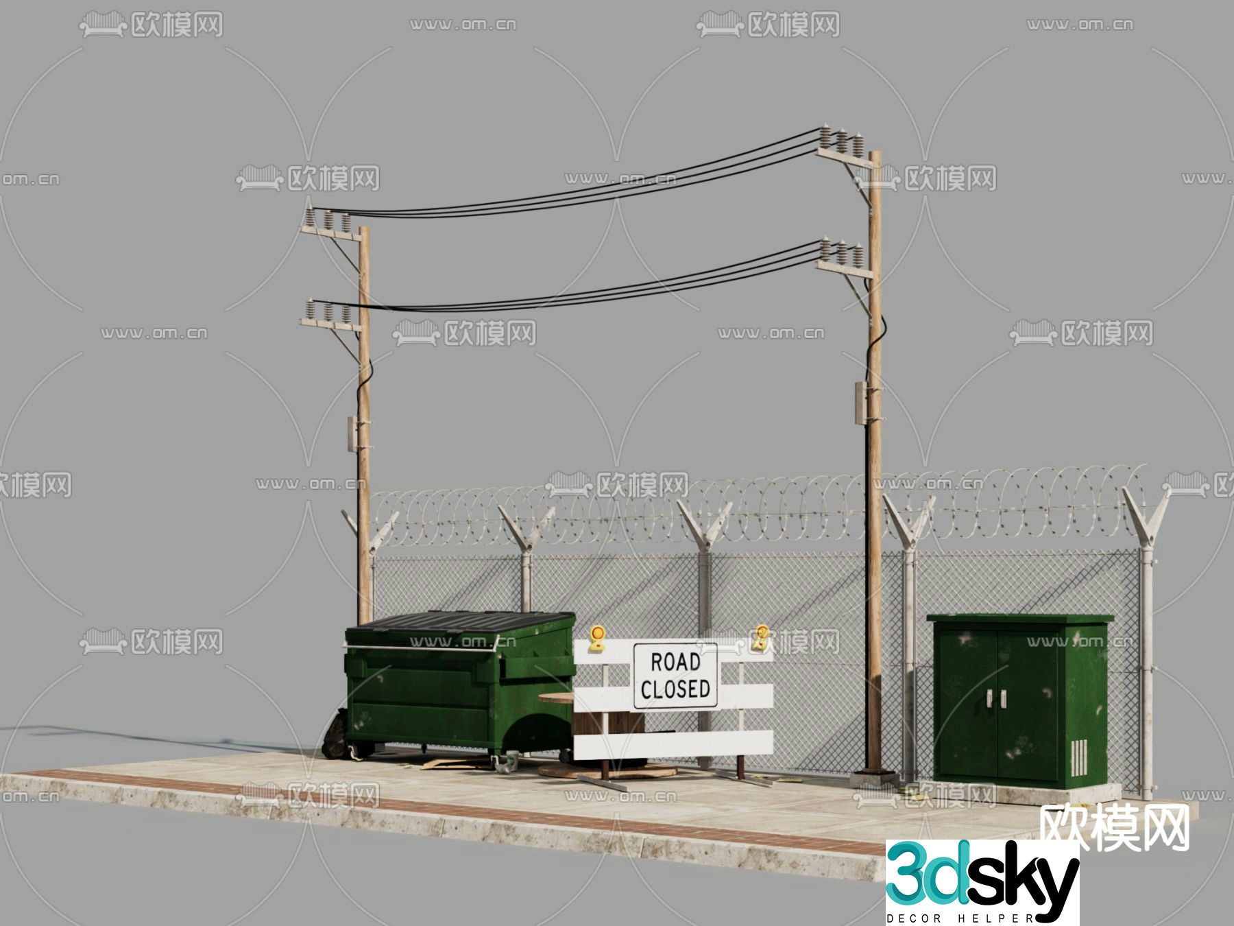 Telephone pole, high voltage wire, electrical box 3d model