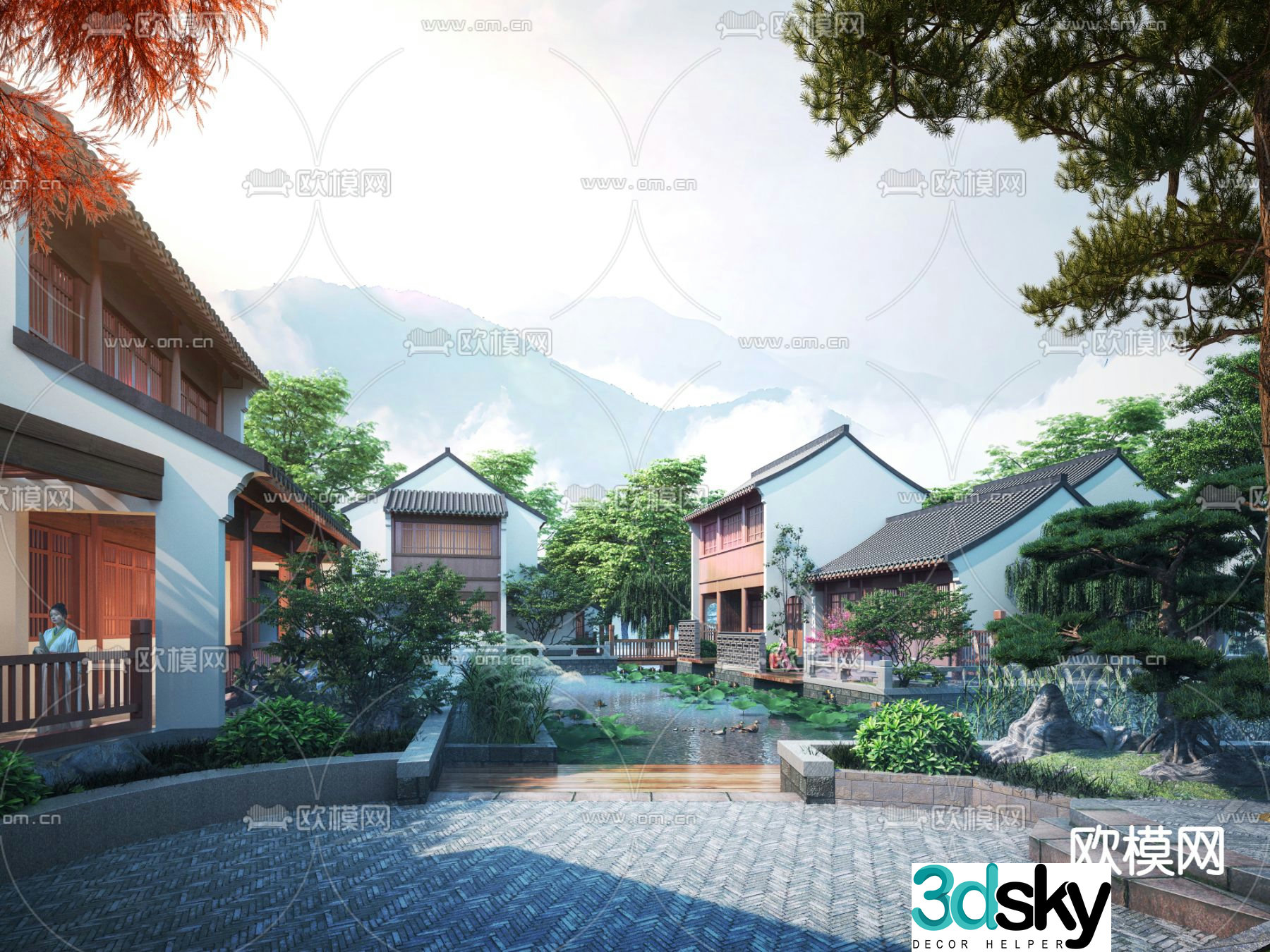New Chinese style ancient building wetland park 3D model