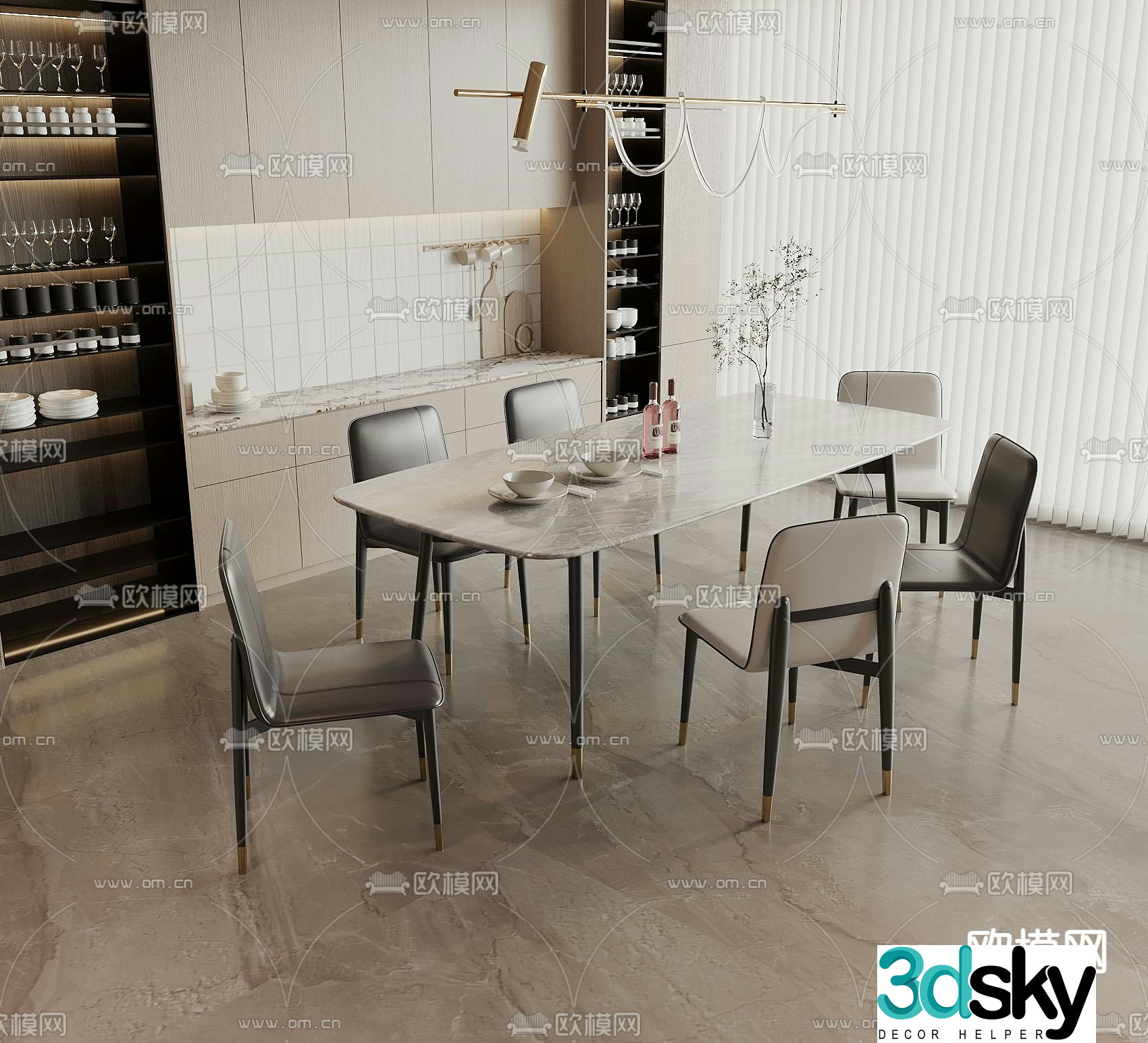 Bar dining table and chairs marble dining table 3d model