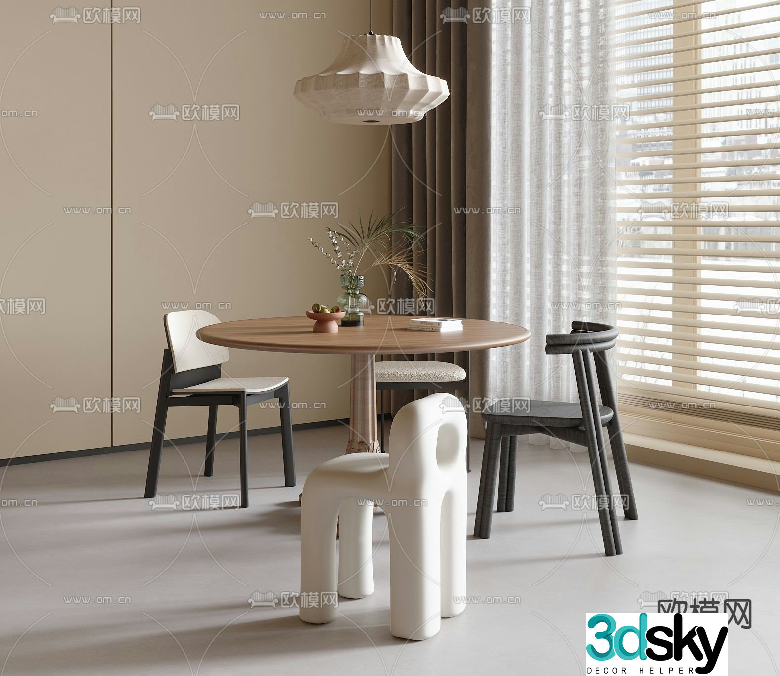 Round dining table and chairs log dining table 3d model