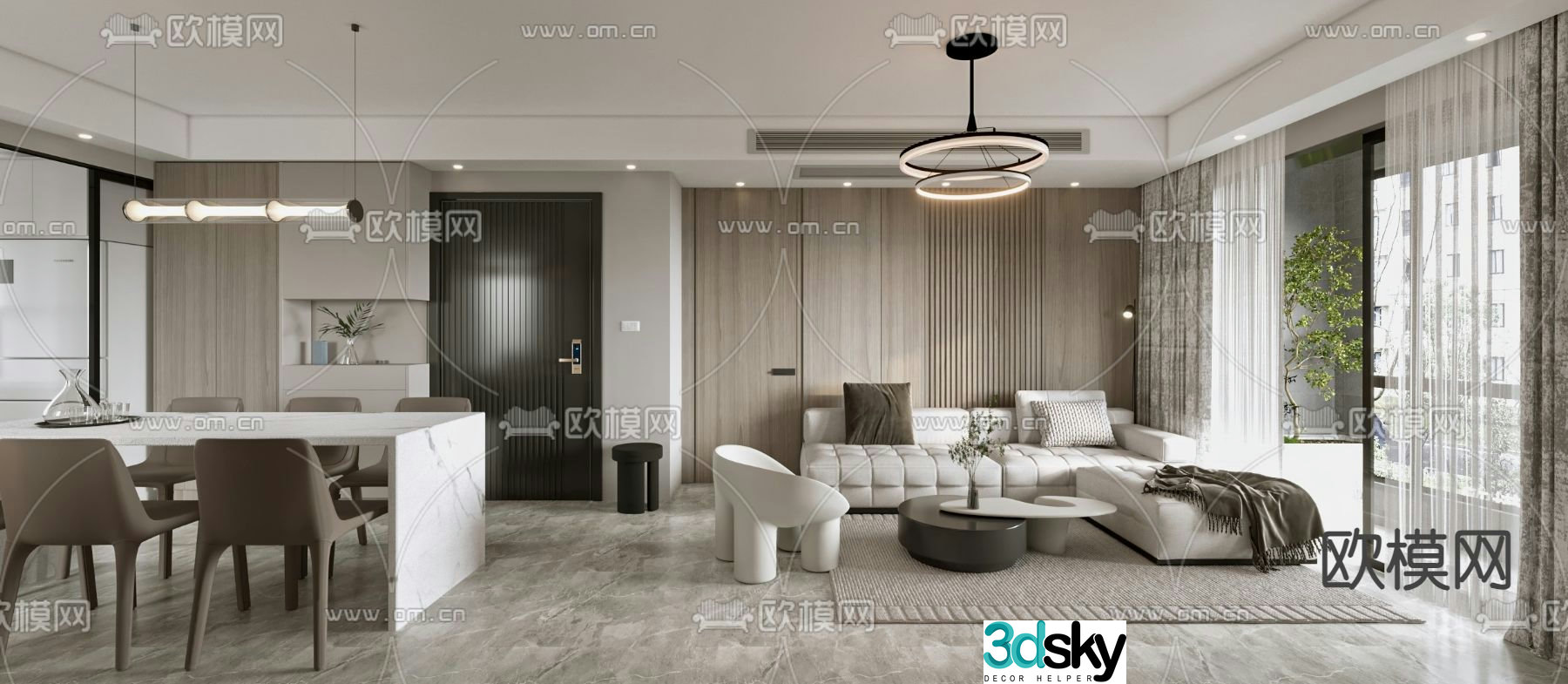 Modern living and dining room 3d model