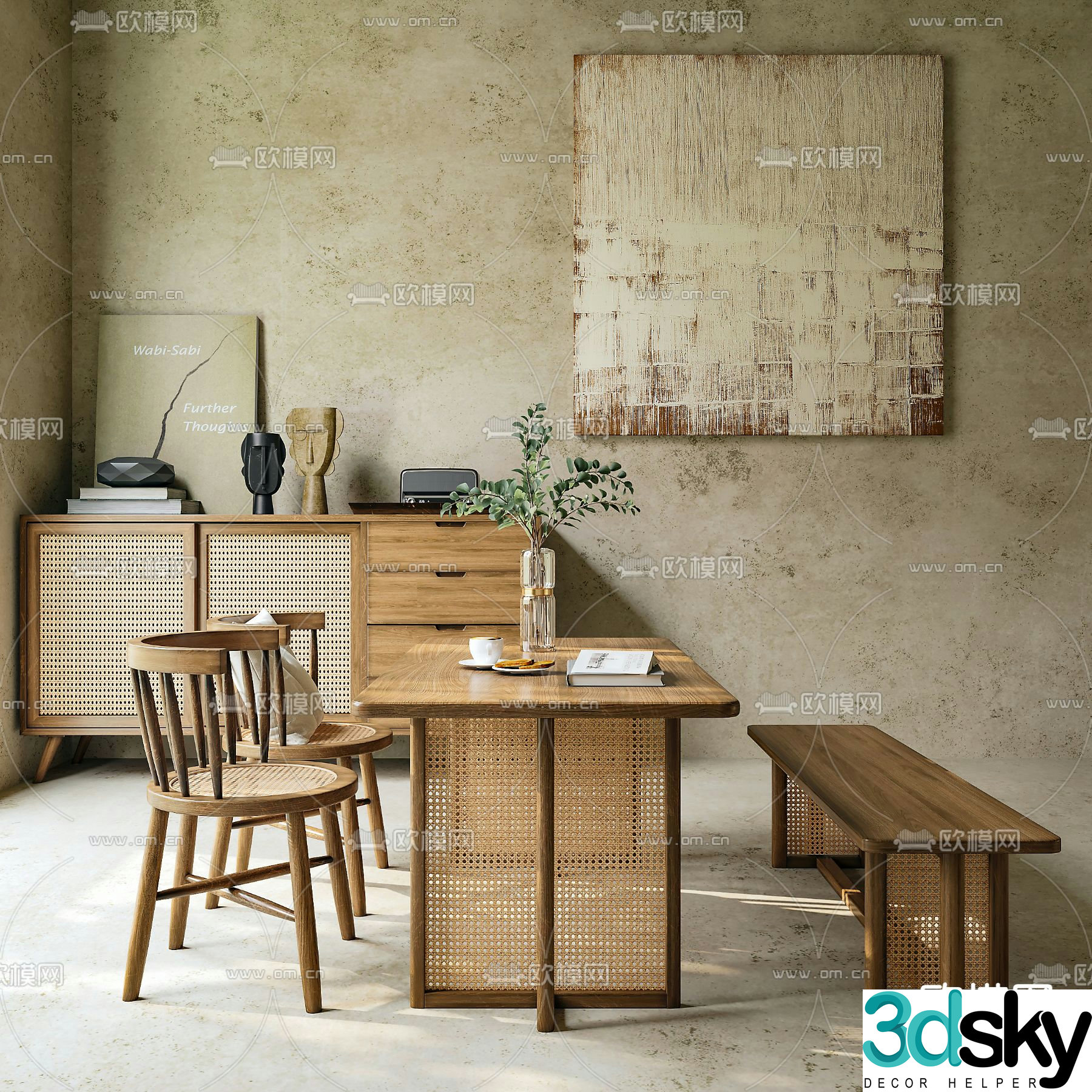 Wabi-sabi dining table and chairs log dining table 3d model