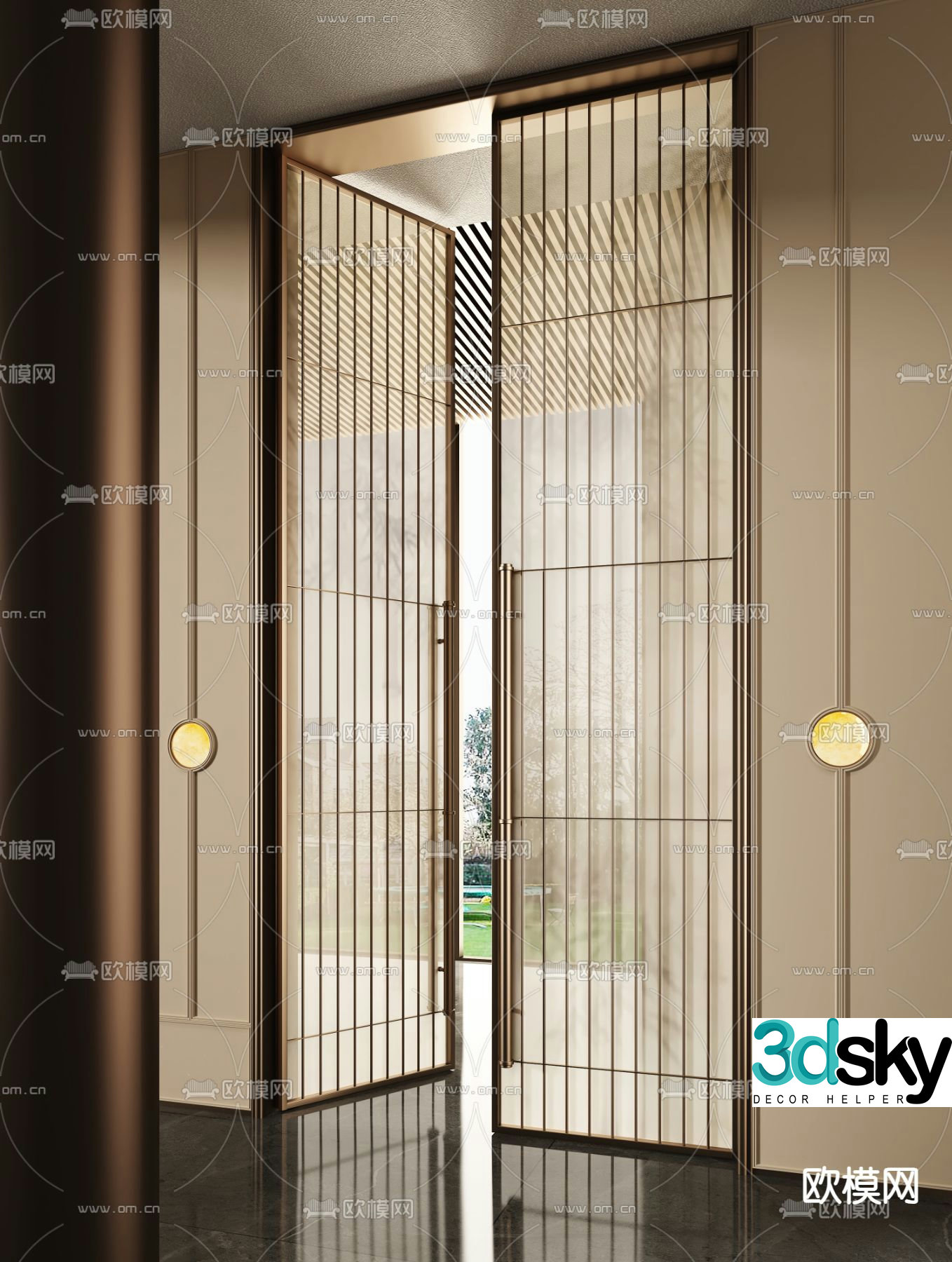 Light luxury double door entrance door glass door 3D model
