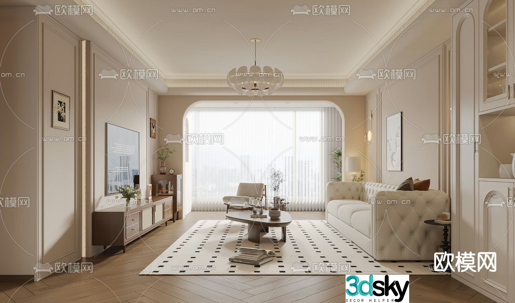 French living room creamy style dining room 3d model