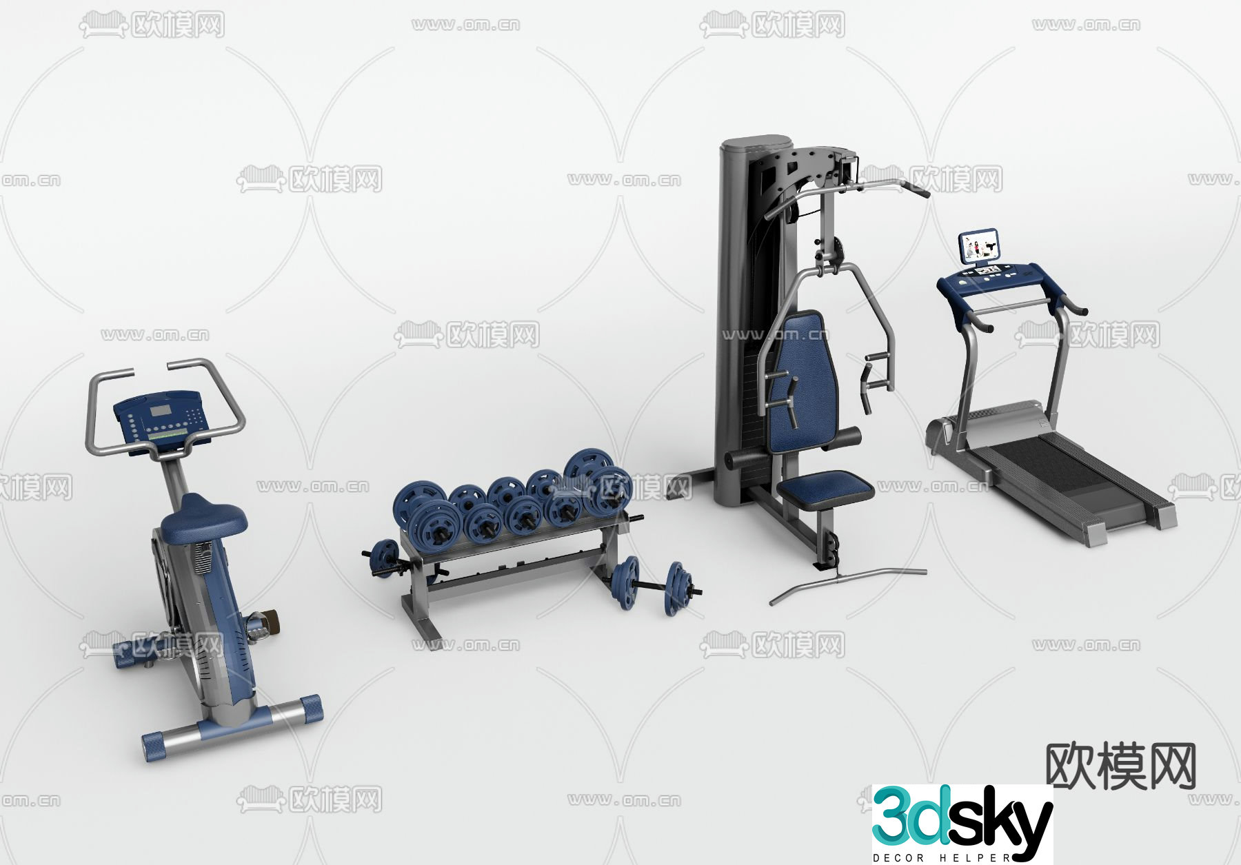 Fitness equipment treadmill spinning bike dumbbell 3d model