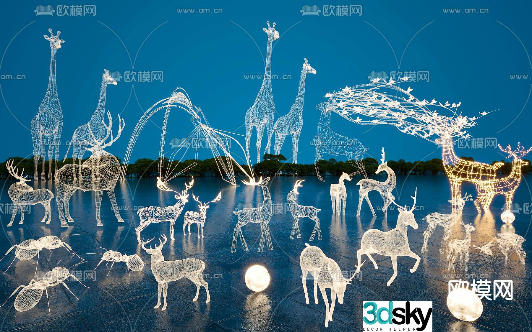 Square landscape deer sculpture animal neon light 3d model