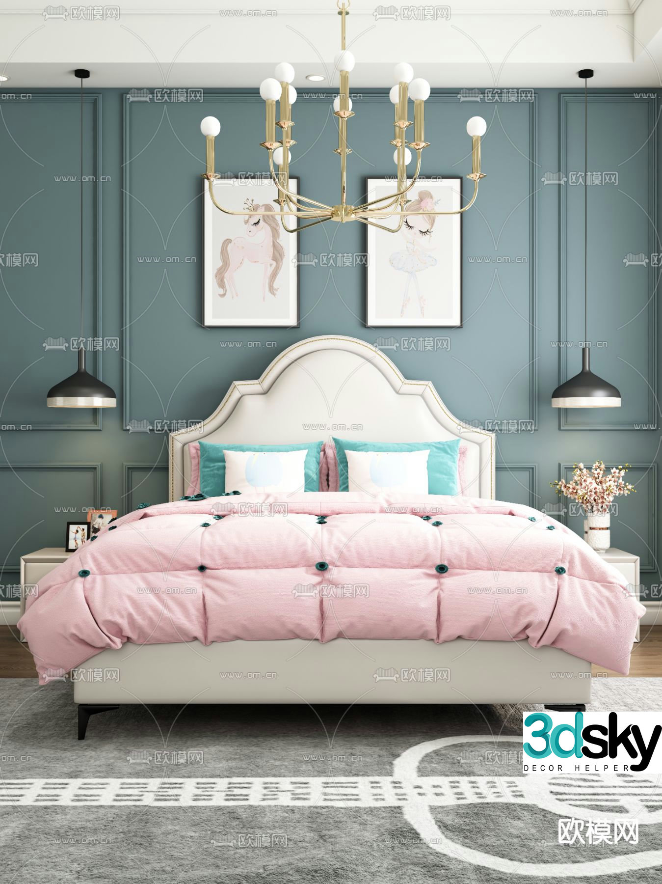 American double bed 3d model