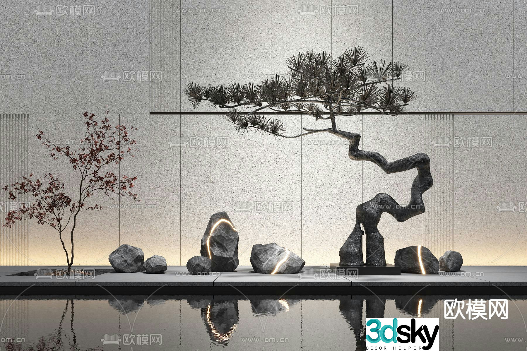 Rockery Pine Tree Sketch Lobby Waterscape 3D Model