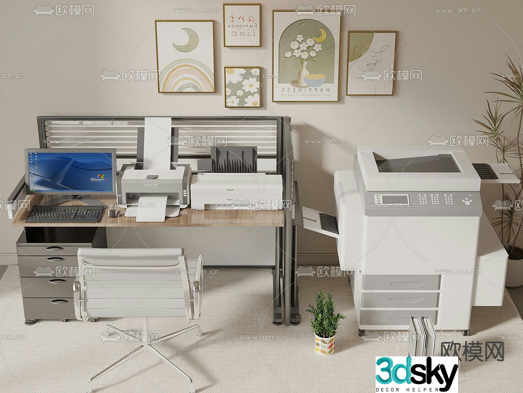 printer copier office supplies desk computer 3d model