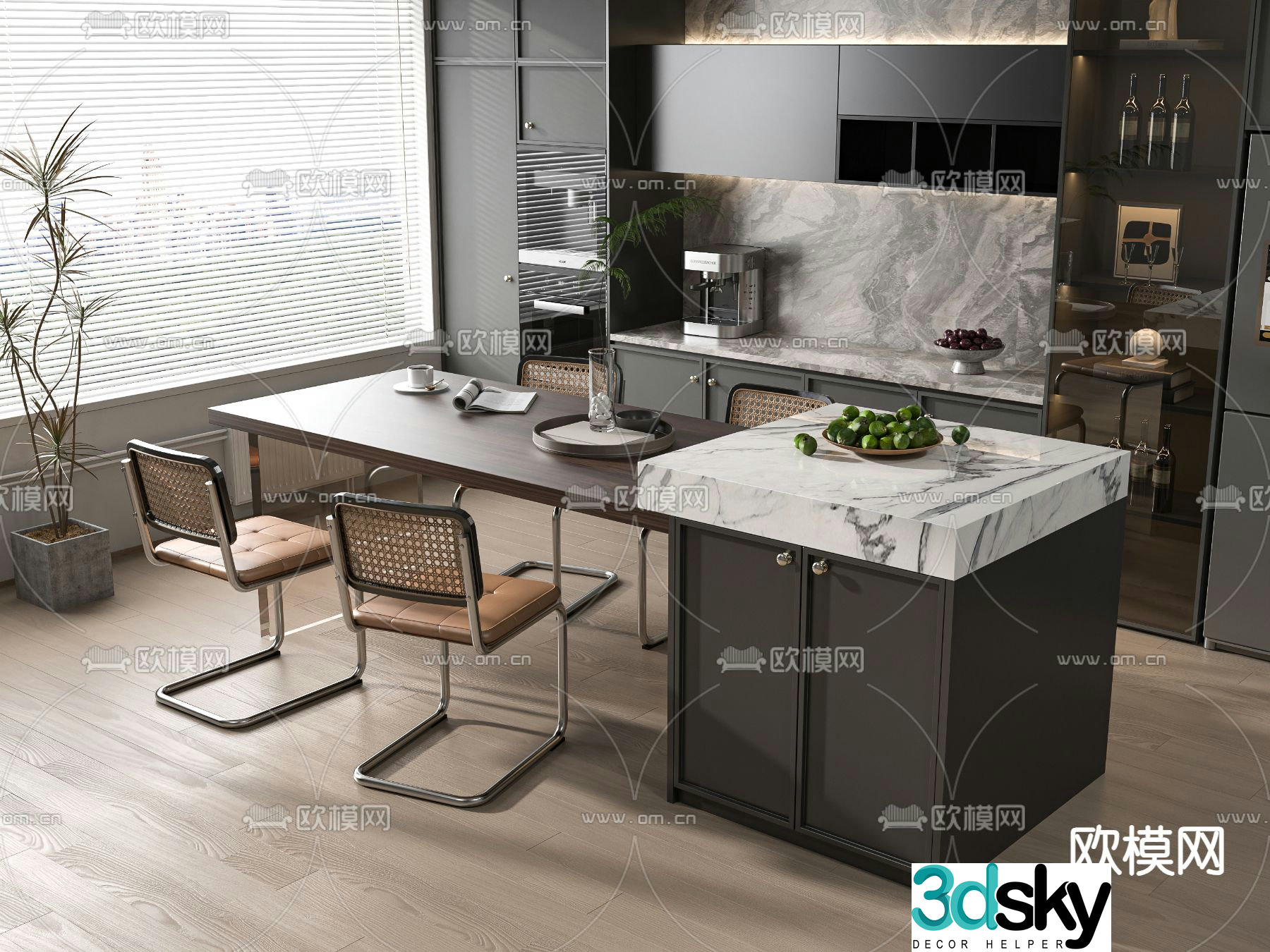 Island dining table and chairs 3d model