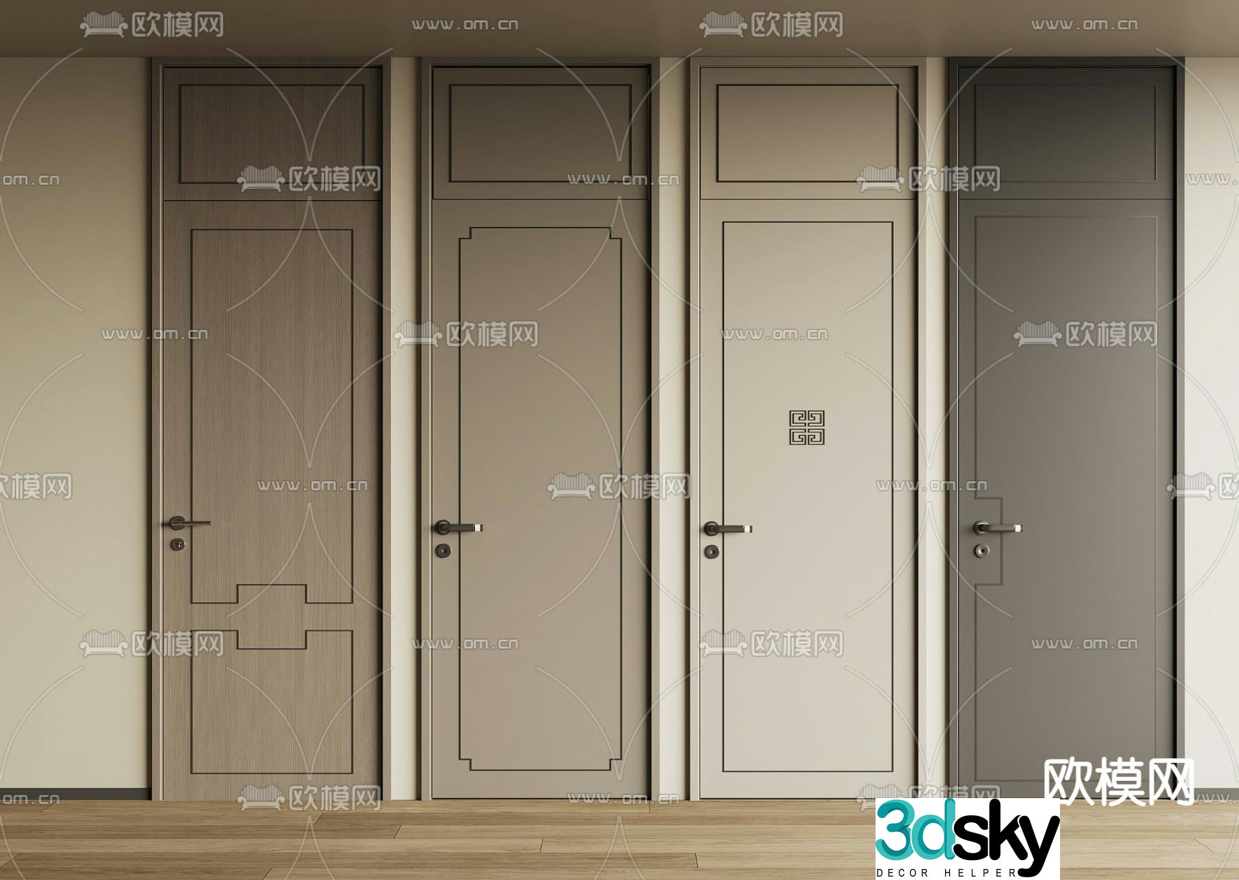 New Chinese style single-opening door open ceiling door bedroom door 3D model