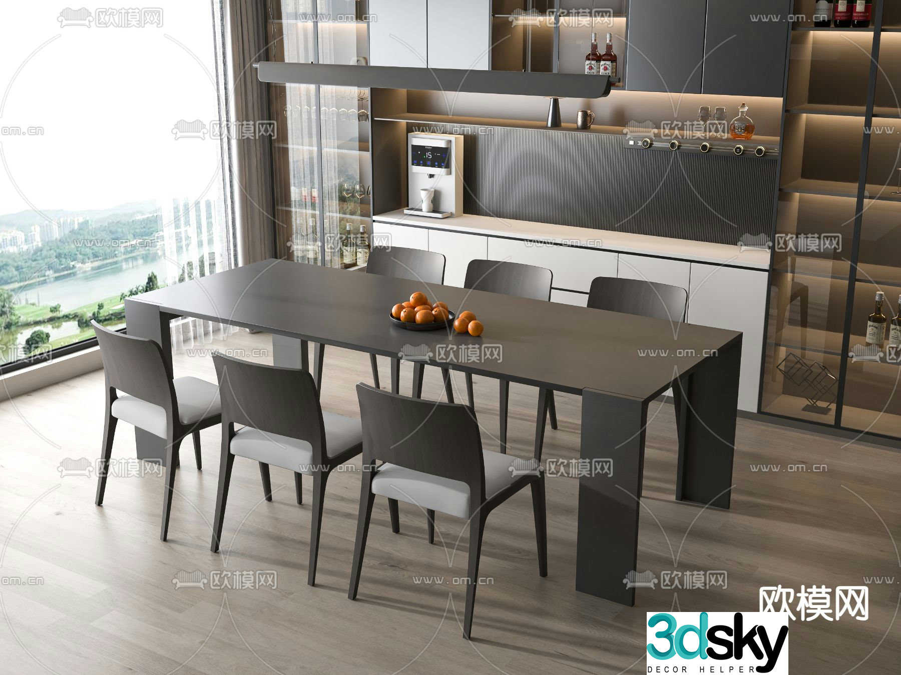 Bar dining table and chairs wine cabinet 3d model