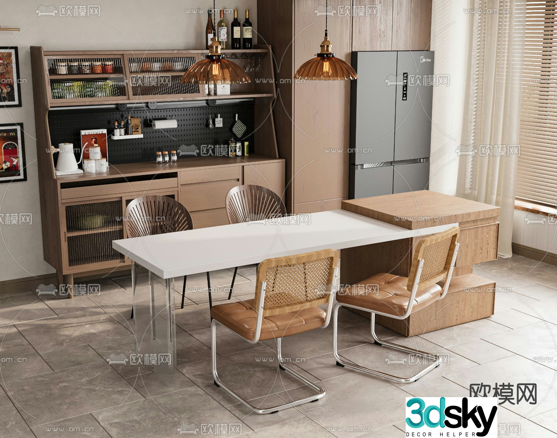 Middle style dining table and chairs Middle island table 3D model