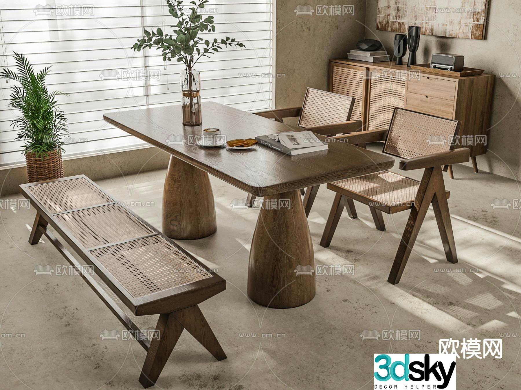 Wabi-sabi style dining table and chairs 3d model