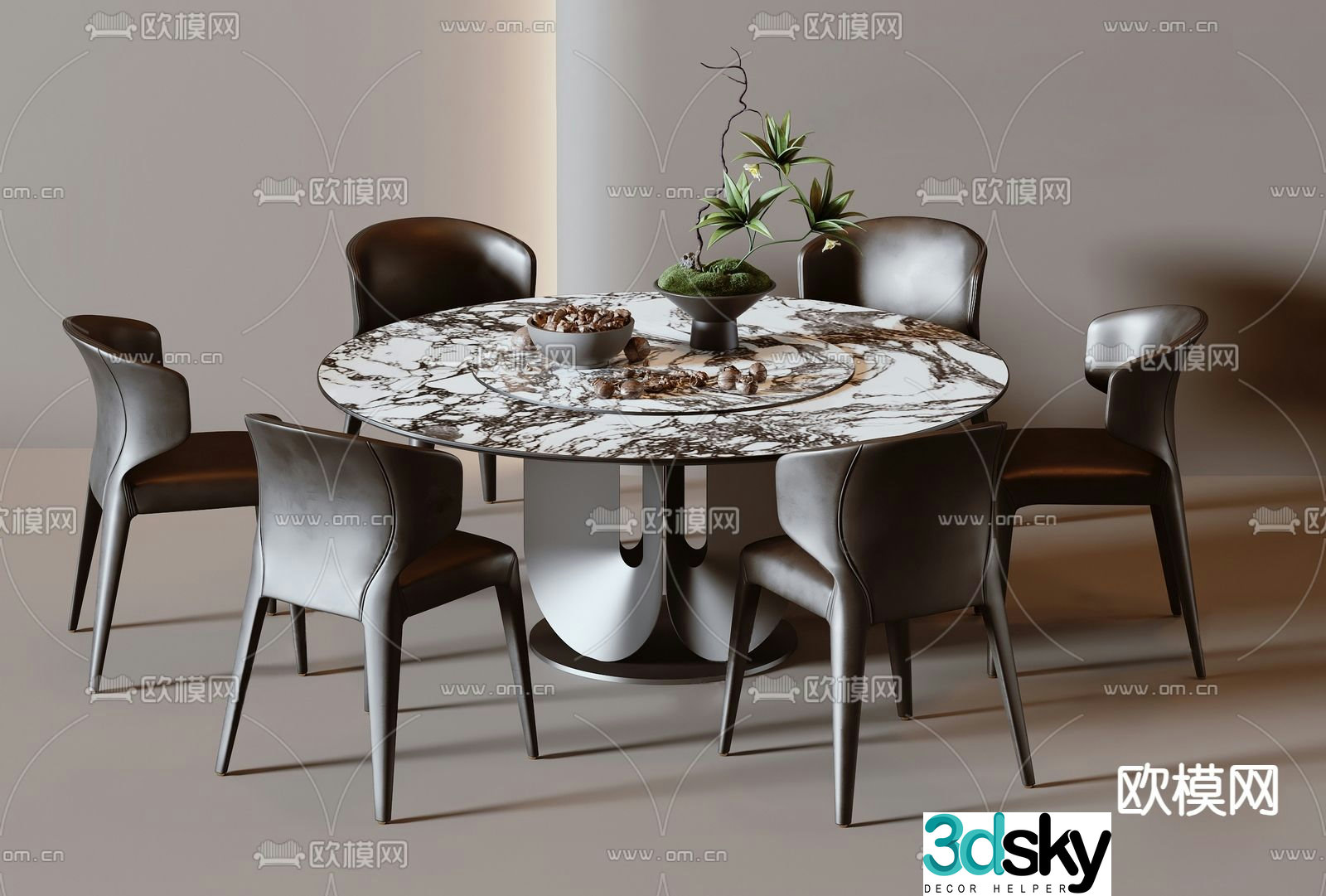 Round dining table and chairs 3d model