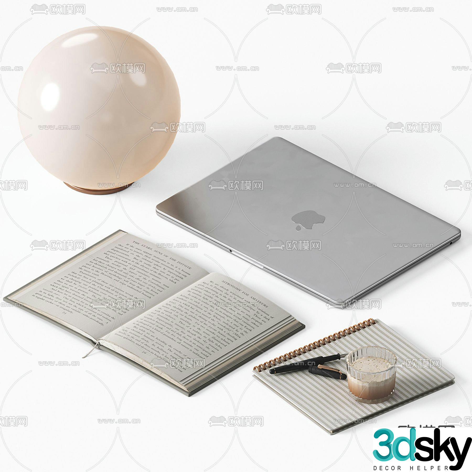 Office supplies computer books notebook desk lamp 3d model