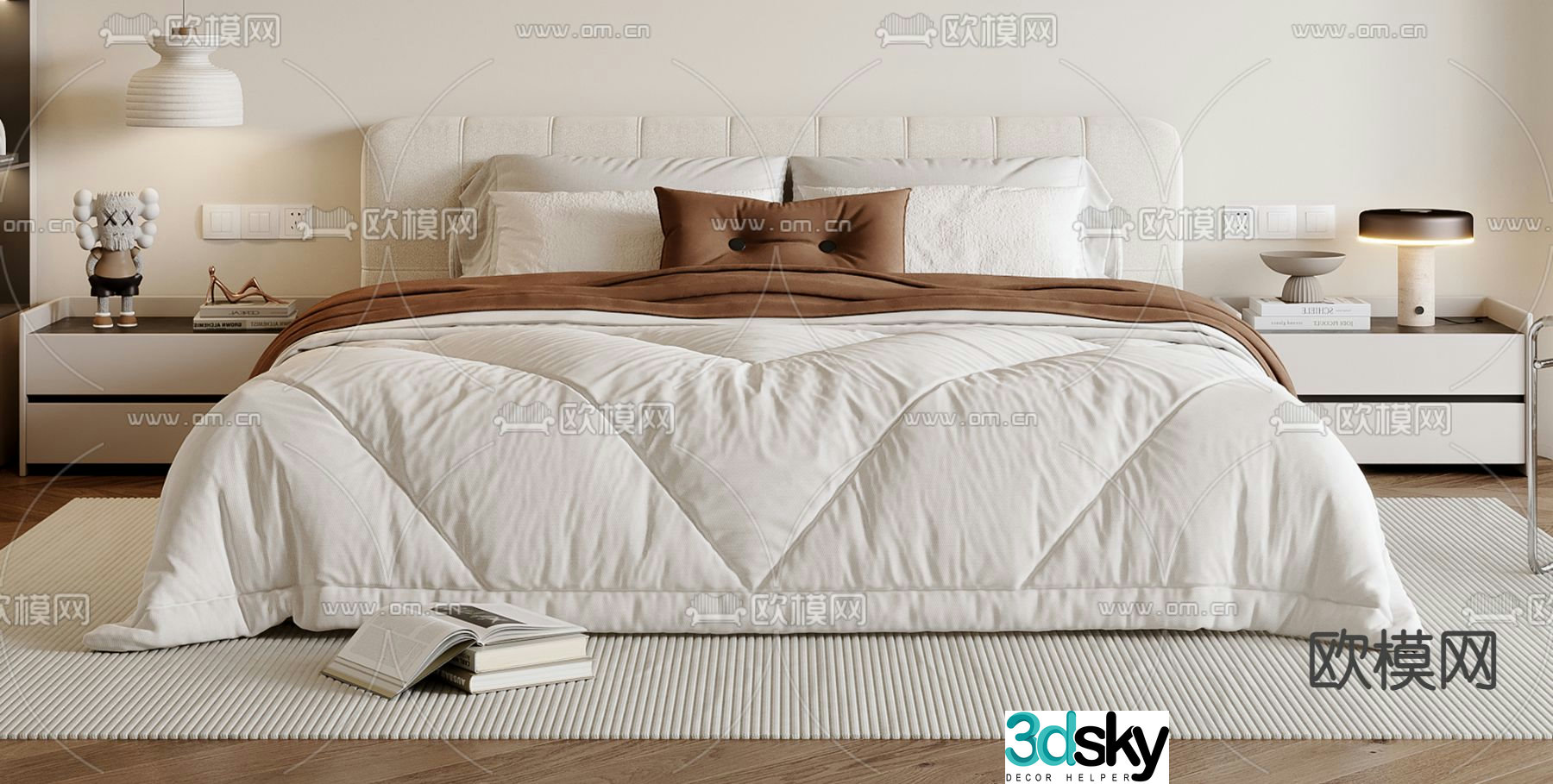 Cream style double bed 3d model