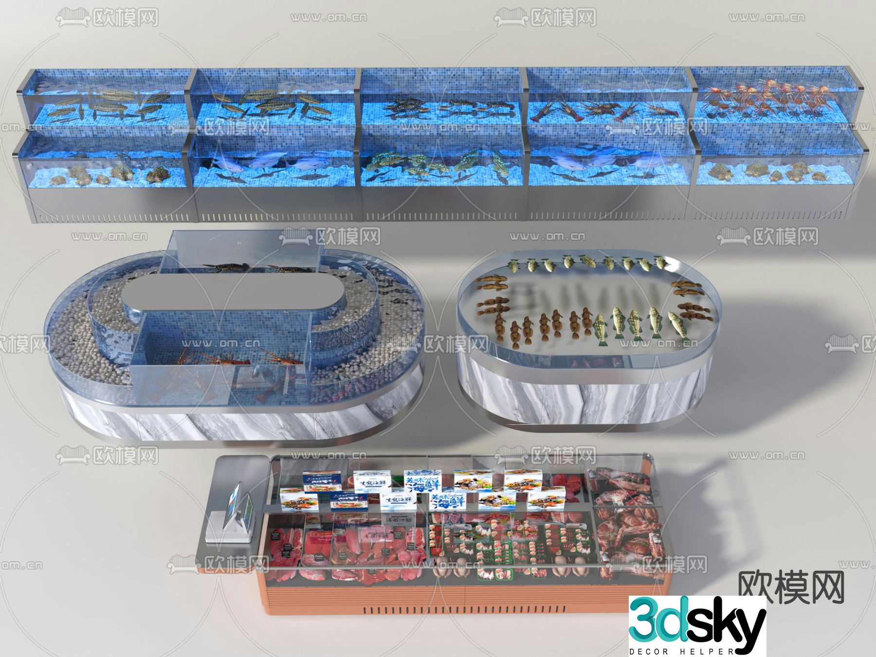 Supermarket seafood cabinet fresh food display cabinet 3D model
