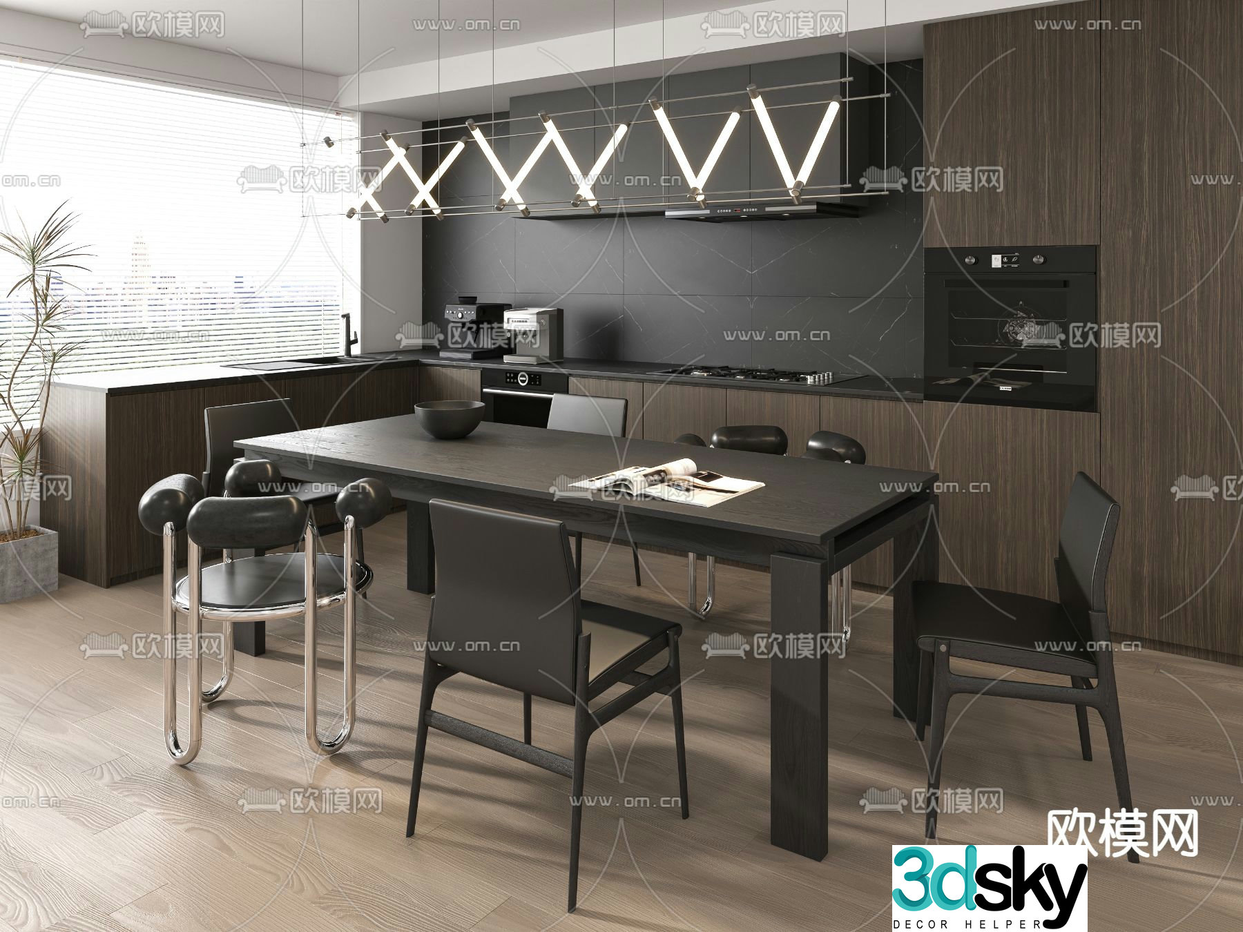 Long dining table and chairs 3d model