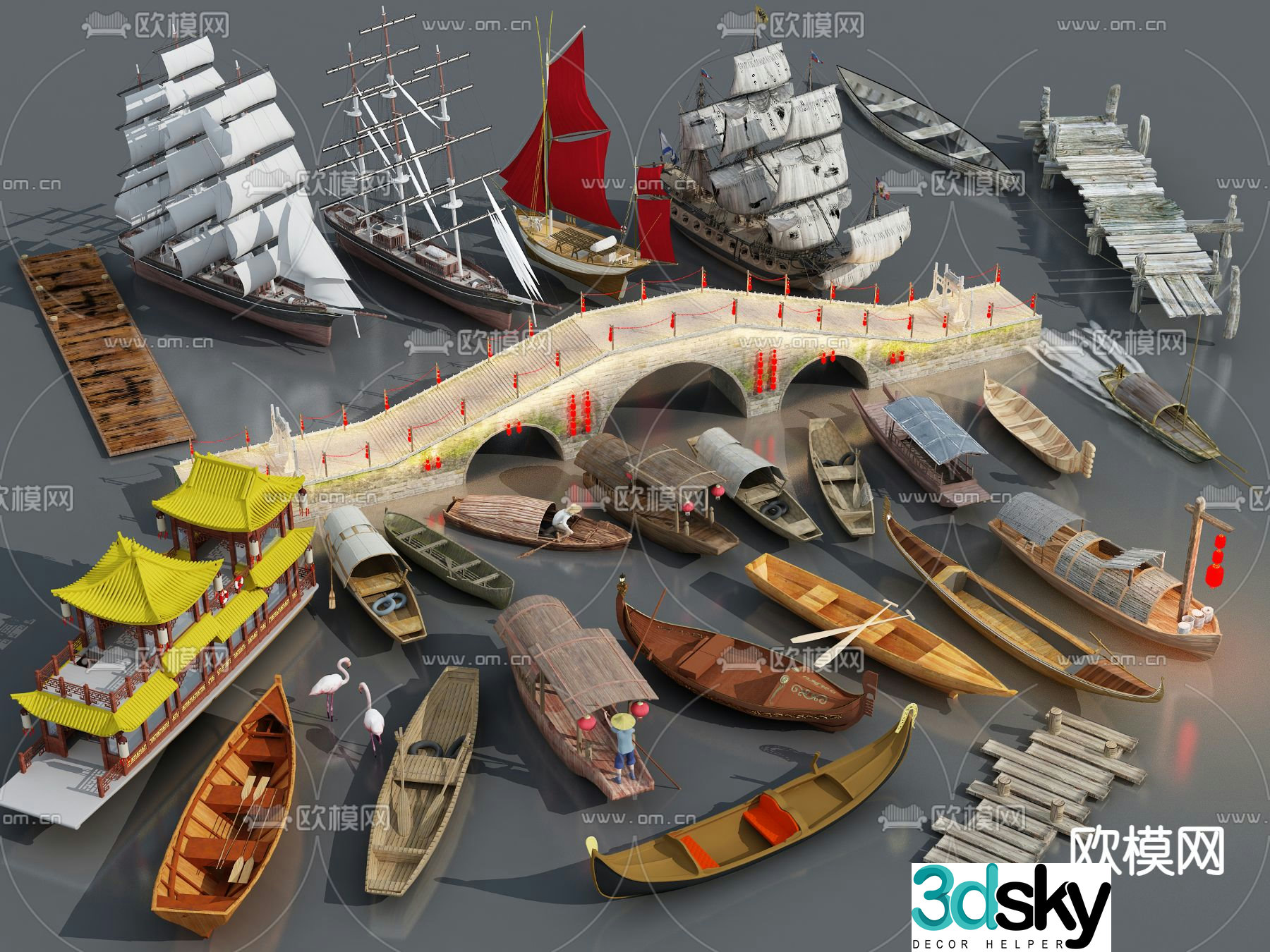 New Chinese style wooden boat sailing boat fishing boat passenger ship 3d model
