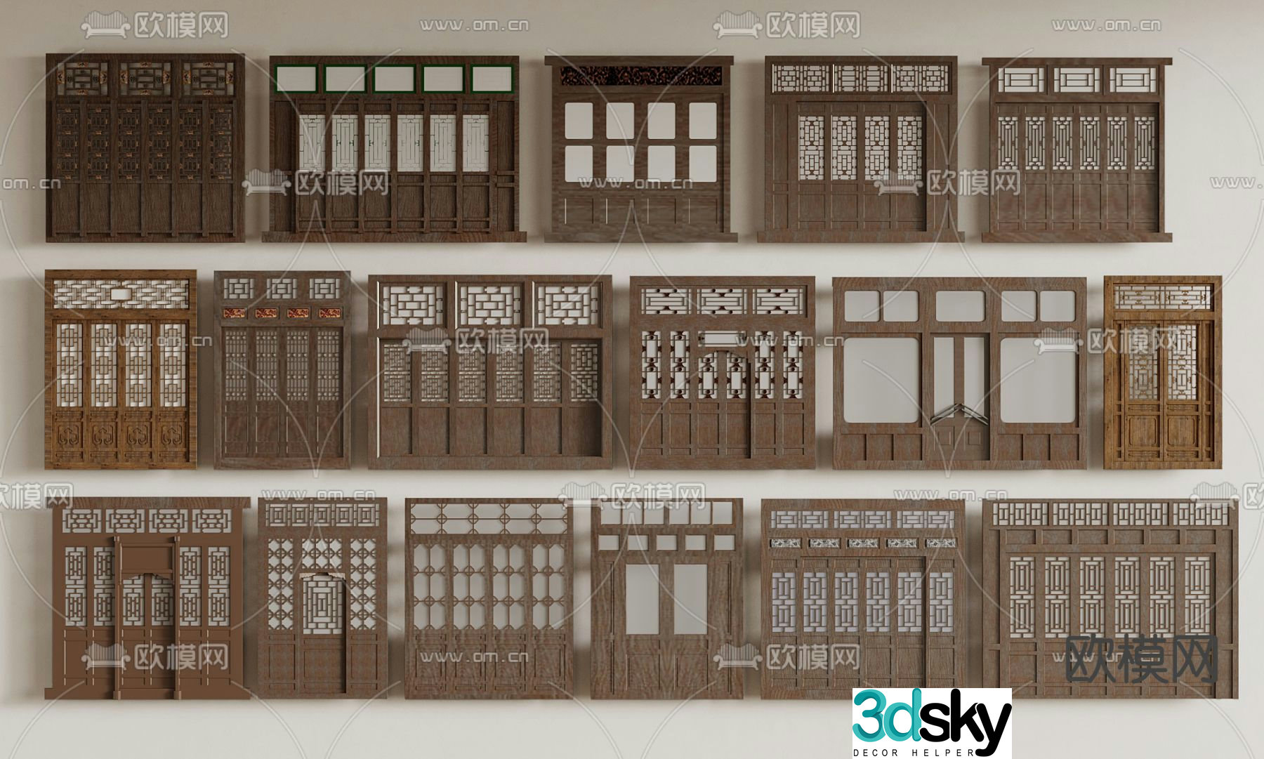 Chinese commercial doors and windows antique doors carved windows 3D model