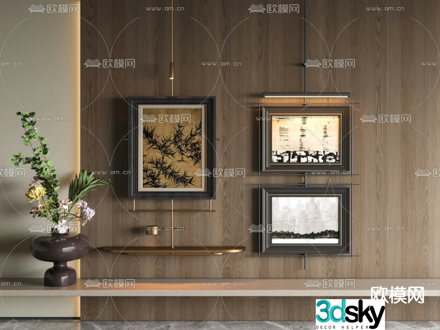 Middle-aged decorative paintings retro paintings black and white paintings mural lights 3D model