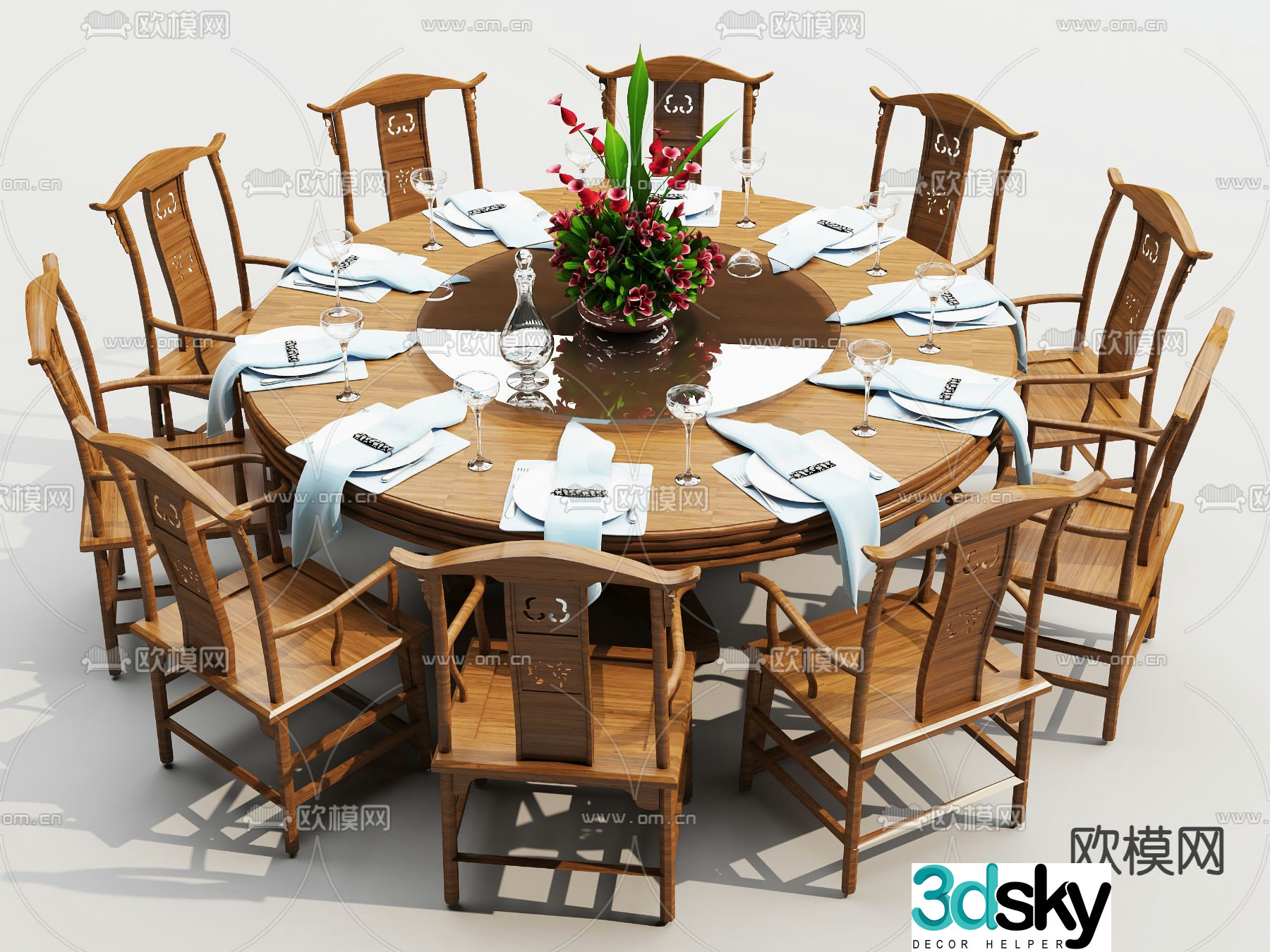 Chinese dining table and chairs round dining table 3d model