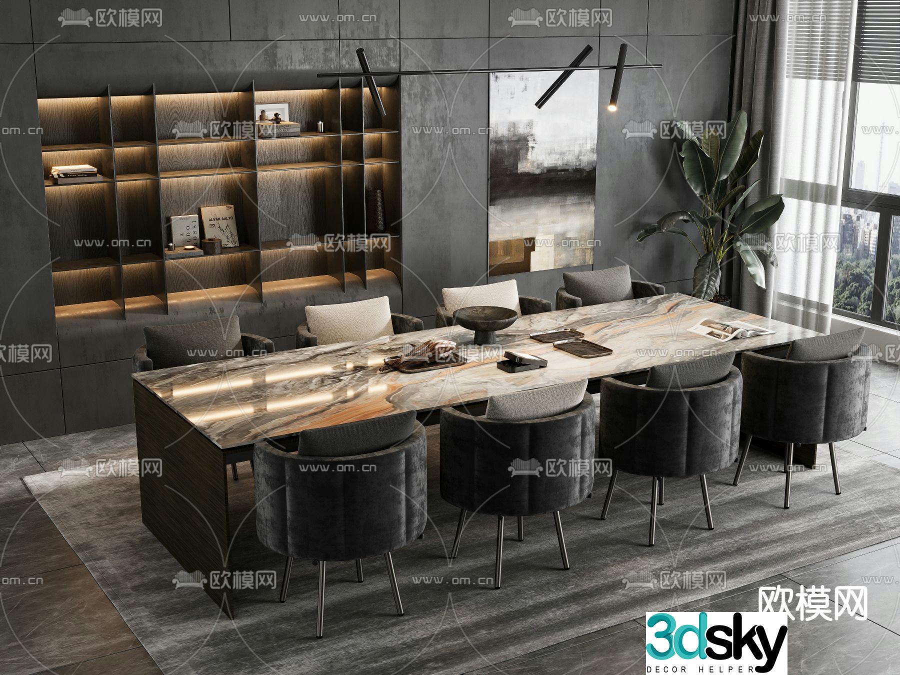 High-grade gray dining table and chairs slate dining table 3D model