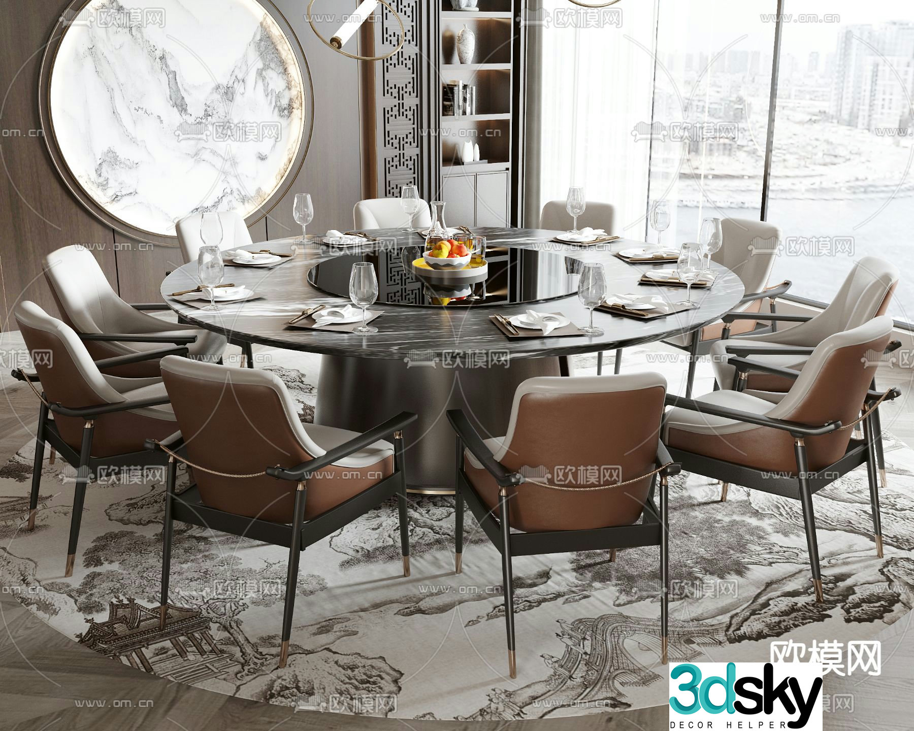 New Chinese style dining table and chairs round dining table 3d model