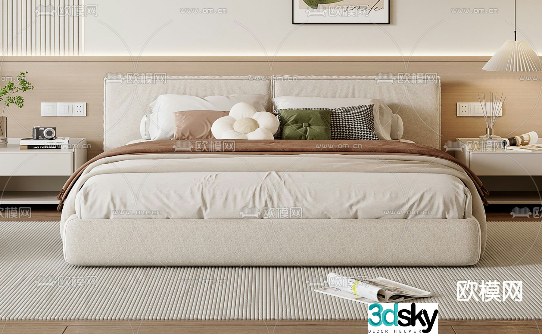 Cream style double bed 3d model