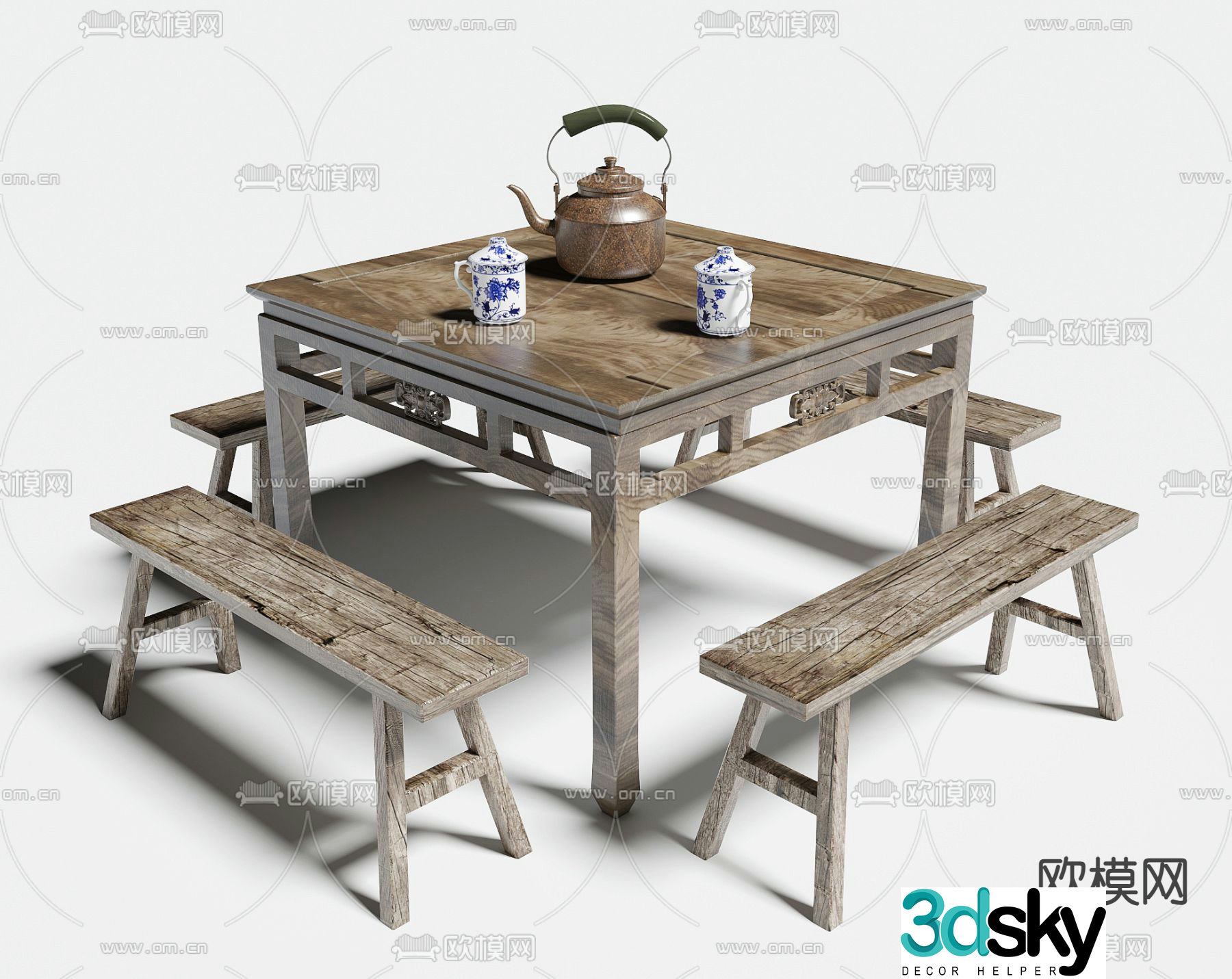 Old tables and chairs bench tea table and chairs 3d model