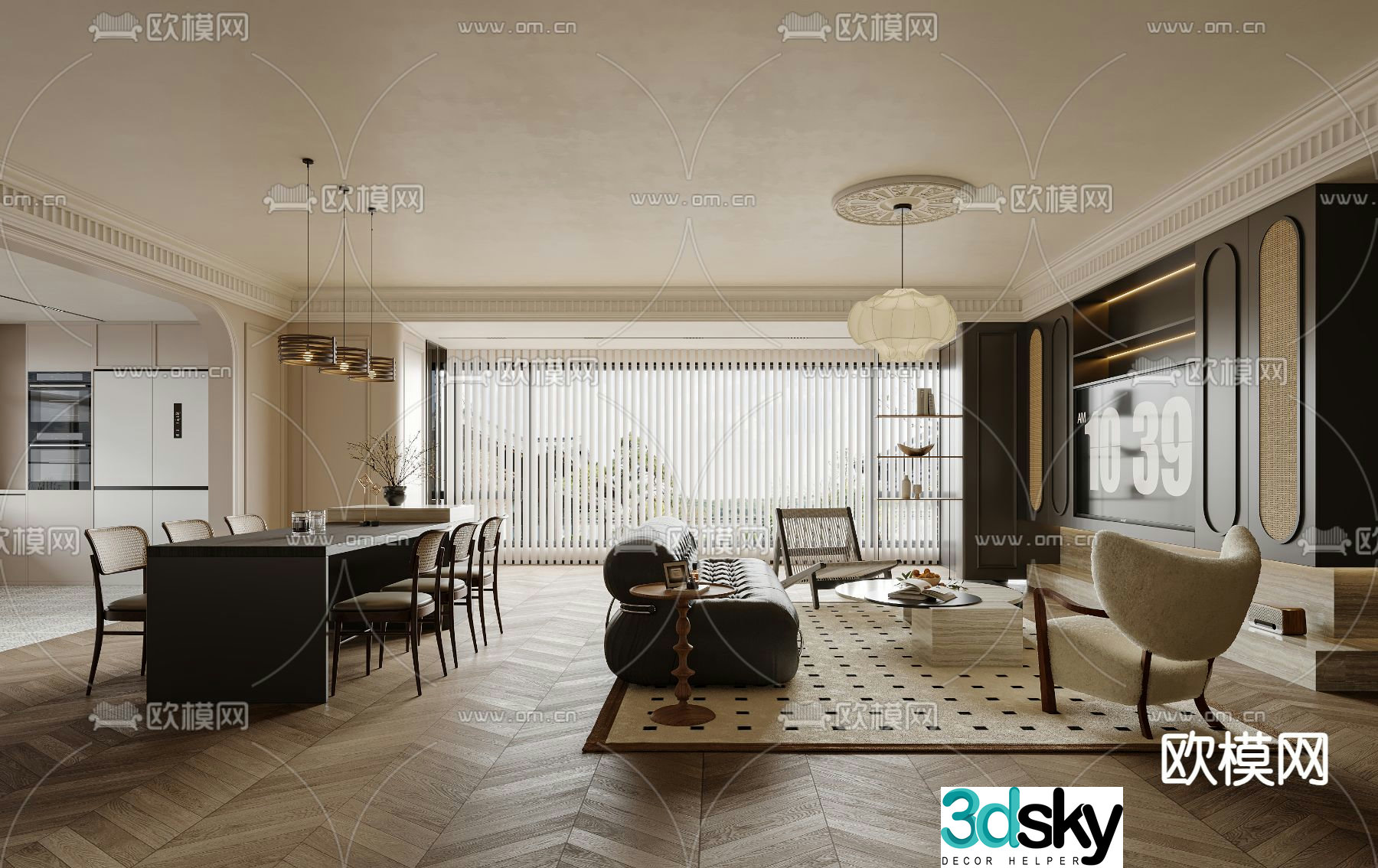 Middle style living room dining room 3d model