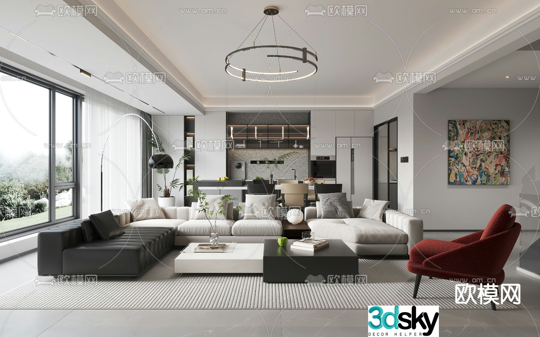 Modern living and dining room 3d model