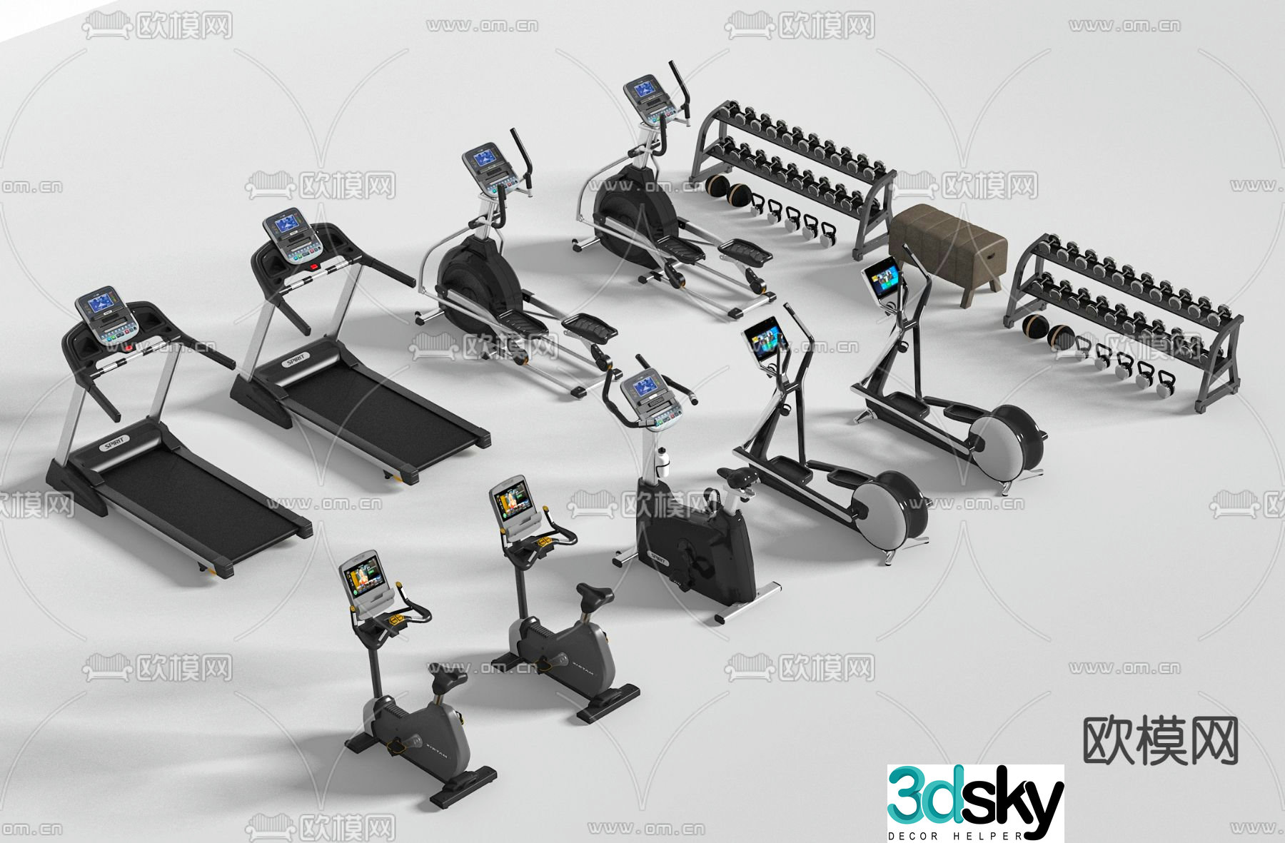 Fitness equipment treadmill spinning bike dumbbell 3d model