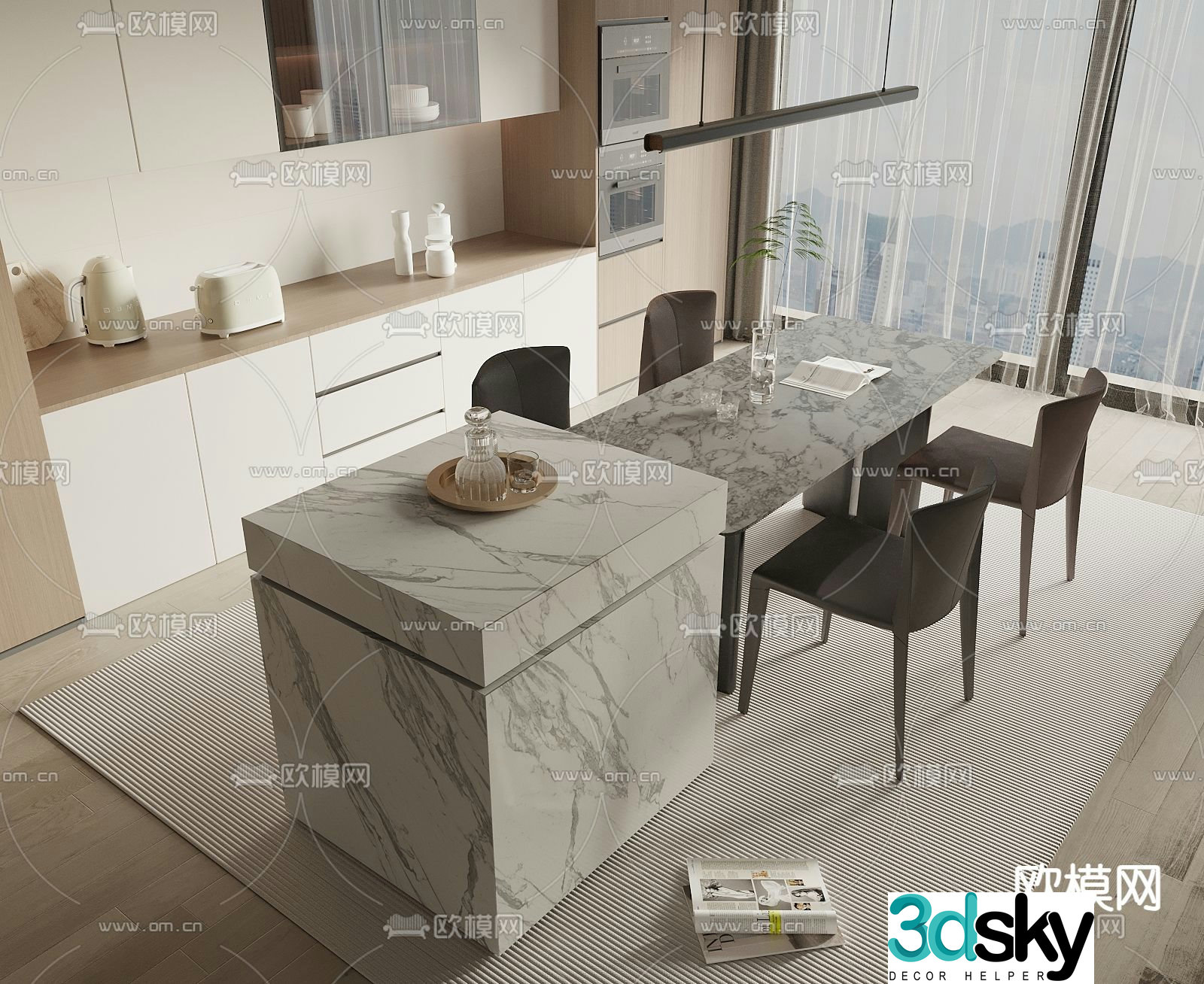 Island dining table and chairs cabinet 3d model