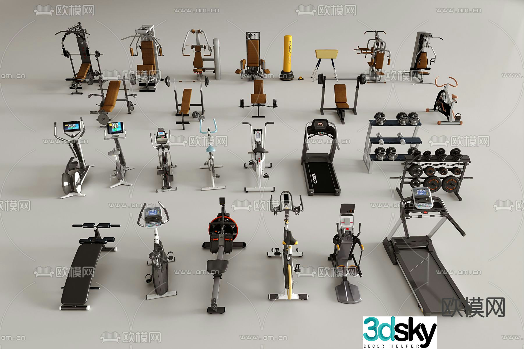 Fitness equipment treadmill spinning bike dumbbell 3d model