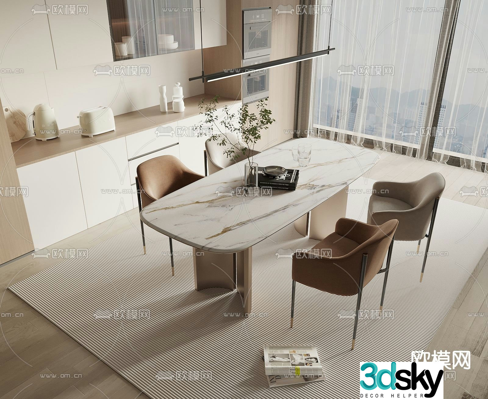 Long dining table and chairs 3d model