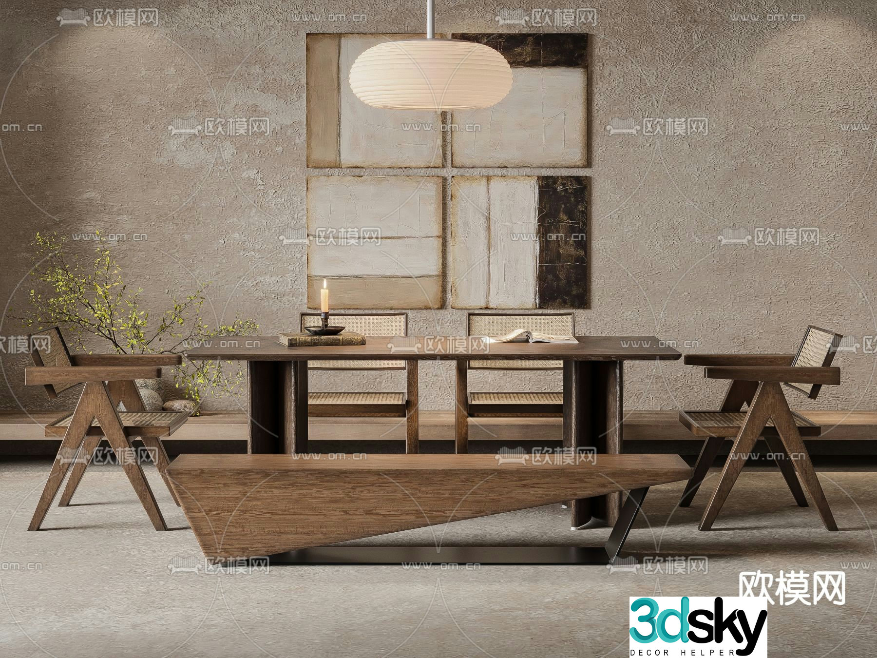 Wabi-sabi dining table and chairs log dining table 3d model