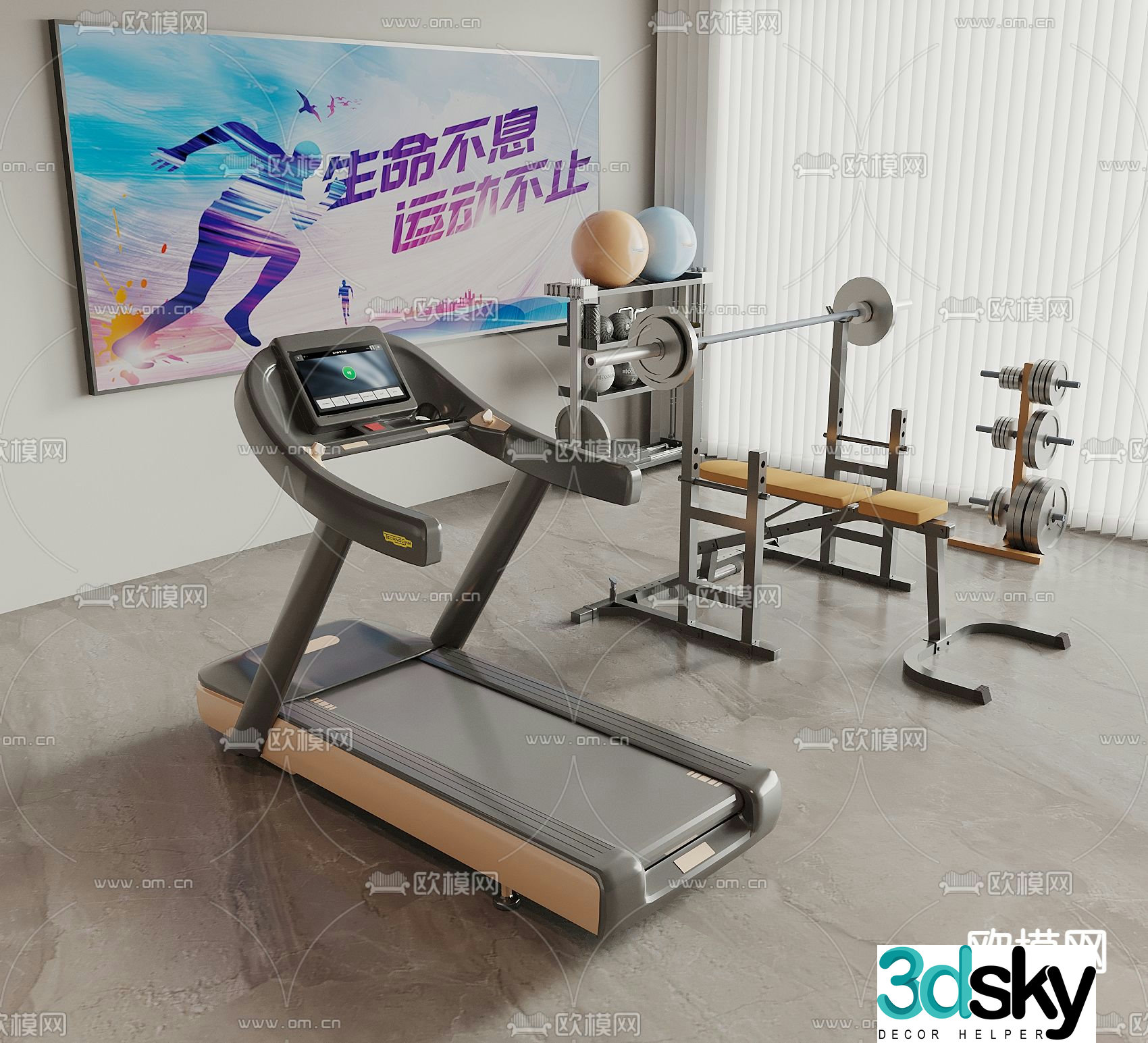 Fitness equipment dumbbell treadmill yoga ball 3d model