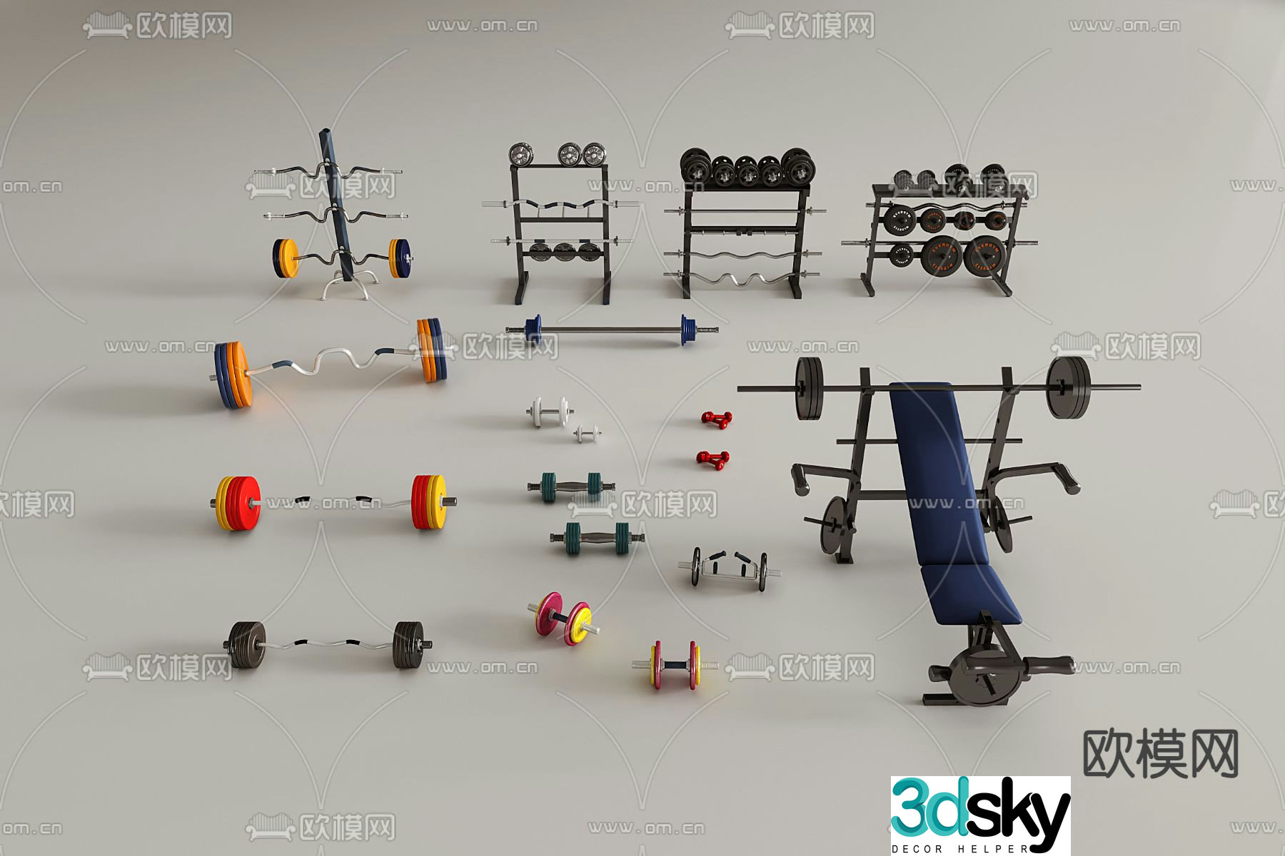fitness equipment weightlifting barbell dumbbell 3d model
