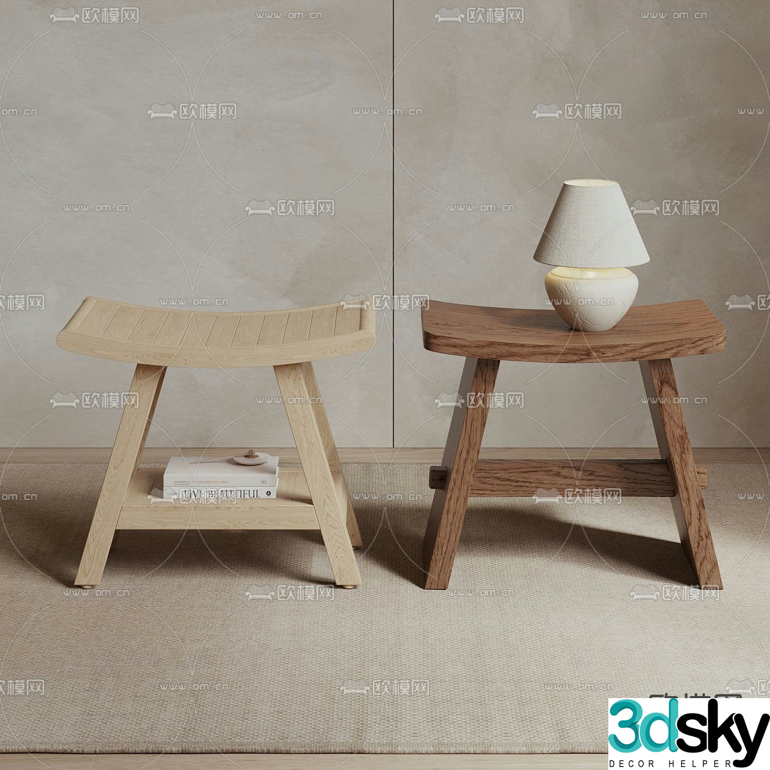 Wabi-sabi stool low stool wooden stool shoe changing stool 3D model
