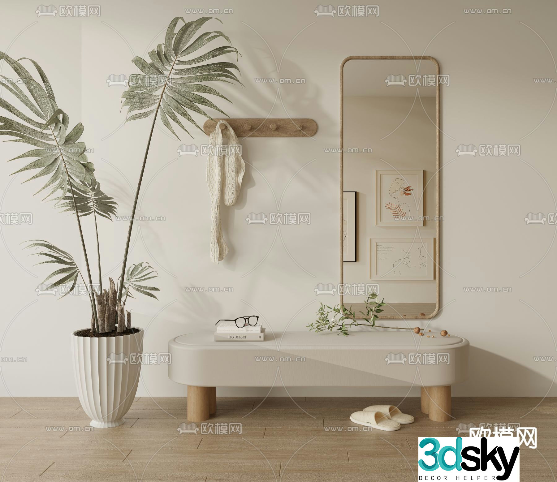Stool shoe changing stool decorative mirror clothes hanger 3D model
