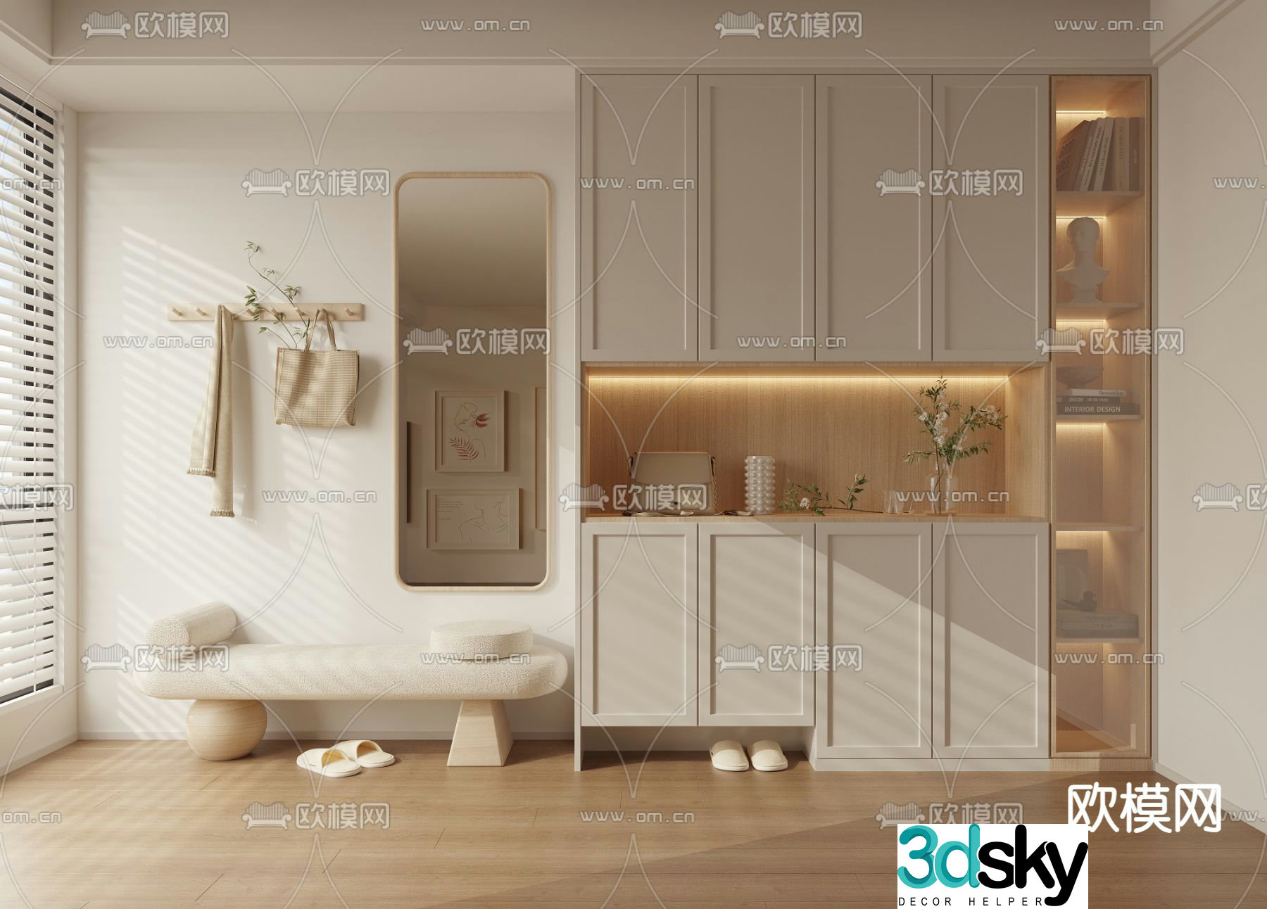 Cream style shoe cabinet 3D model of shoe changing stool